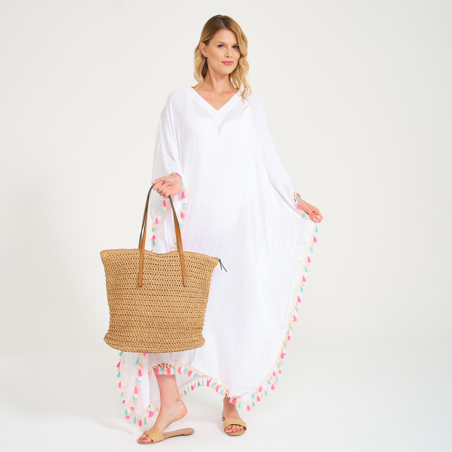 Plaj Elbisesi - Püskül Detaylı V Yaka Uzun Plaj Elbisesi - Miespiga