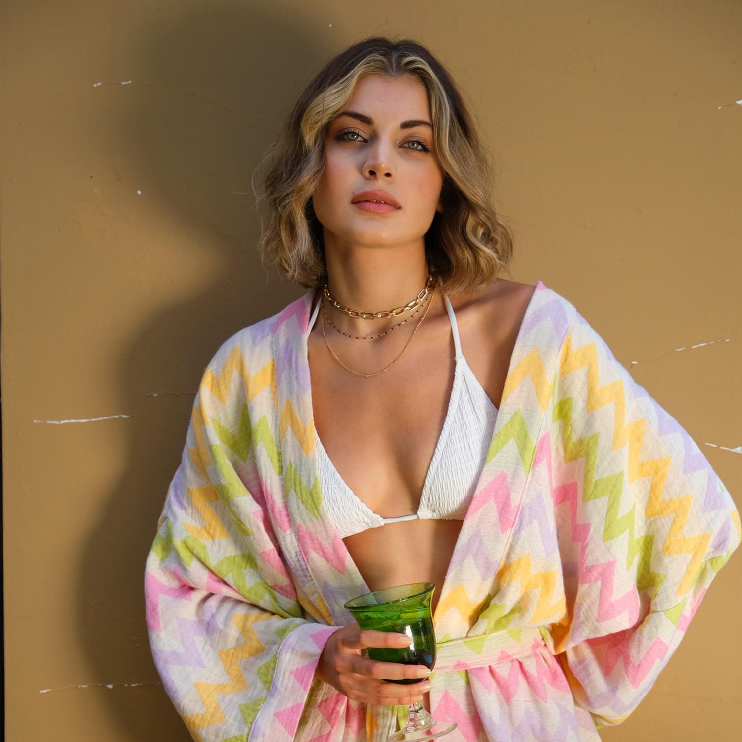 Kimono - Zigzag Desenli Kadın Peştemal Plaj Kimono Sabahlık - Miespiga
