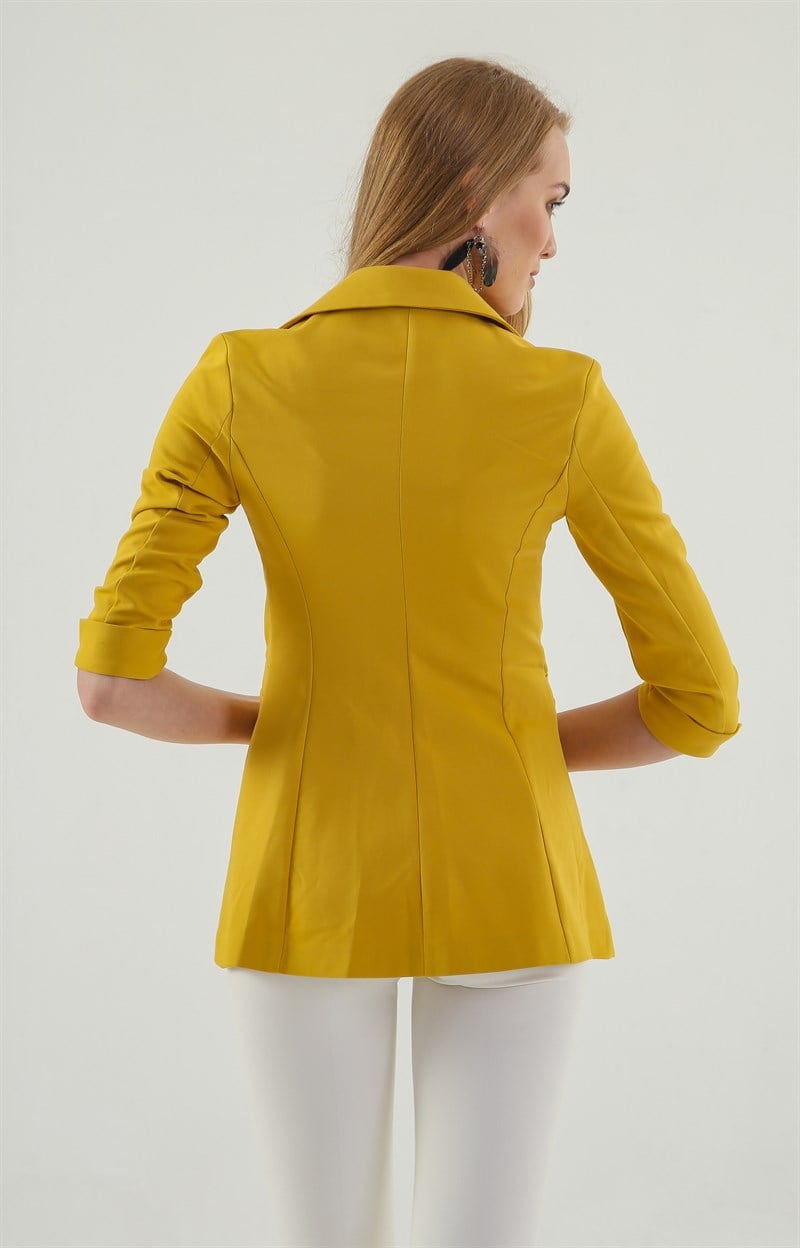Kapri Truvakar Kol Süs Cepli Kopçalı Ofis Blazer Kumaş Ceket-Hardal