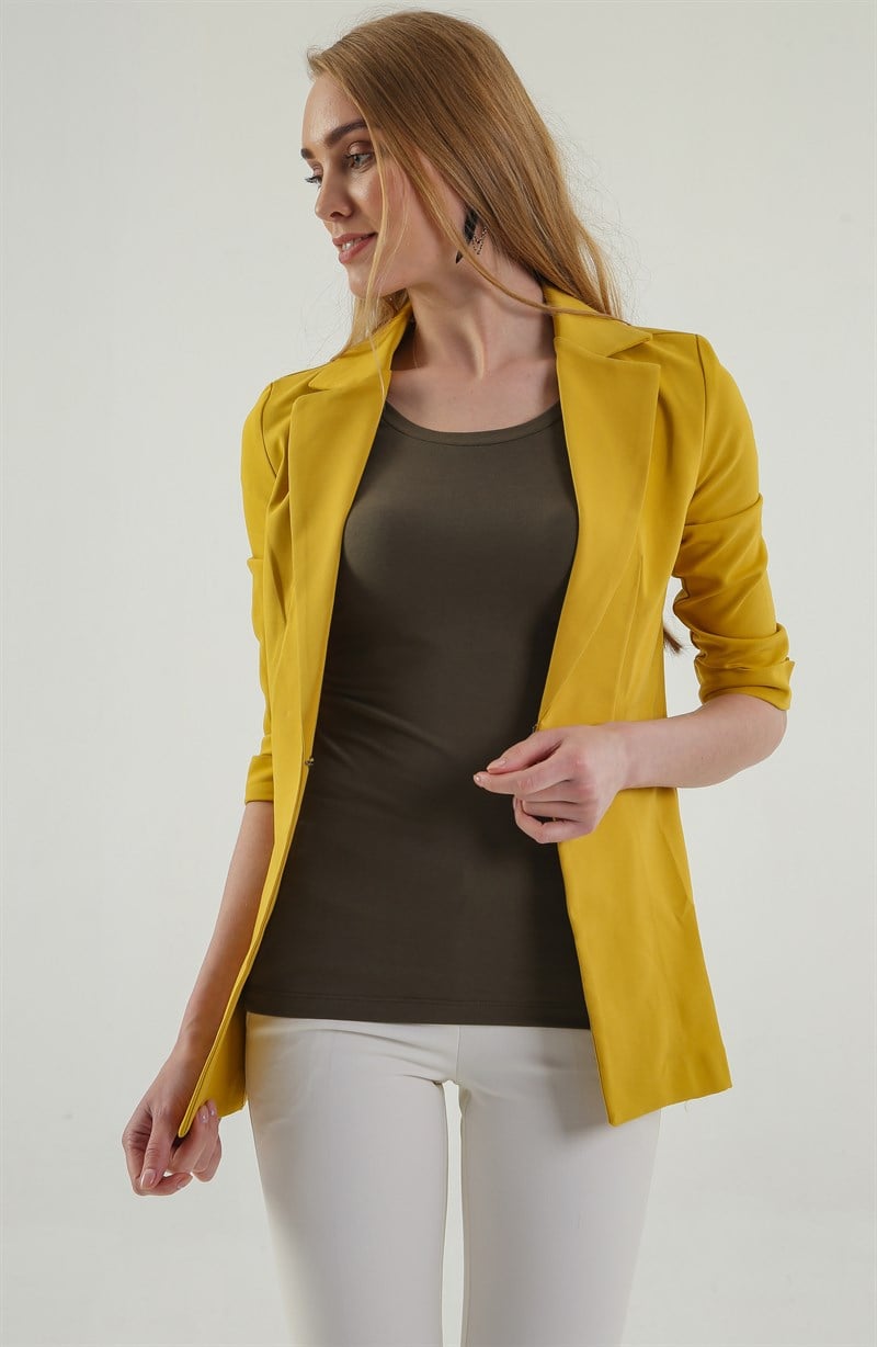 Kapri Truvakar Kol Süs Cepli Kopçalı Ofis Blazer Kumaş Ceket-Hardal