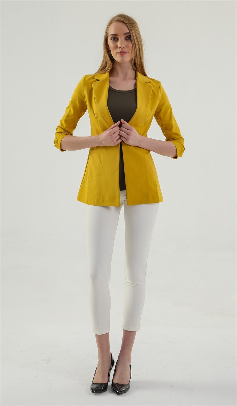 Kapri Truvakar Kol Süs Cepli Kopçalı Ofis Blazer Kumaş Ceket-Hardal