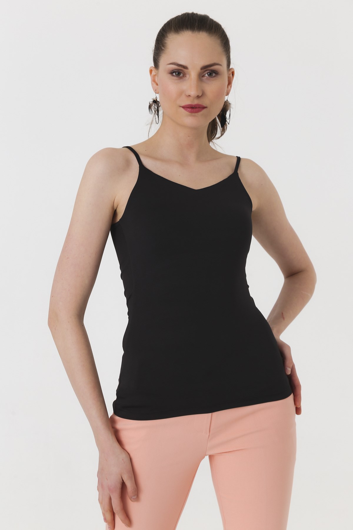 Hafif Parlak kumaş İp Askılı Şık Likralı Body-Siyah