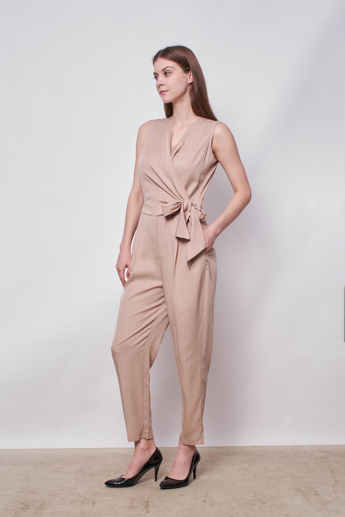 kadın %100 tencel anvelop kruvaze bağcıklı cepli önü pileli dar paça tulum