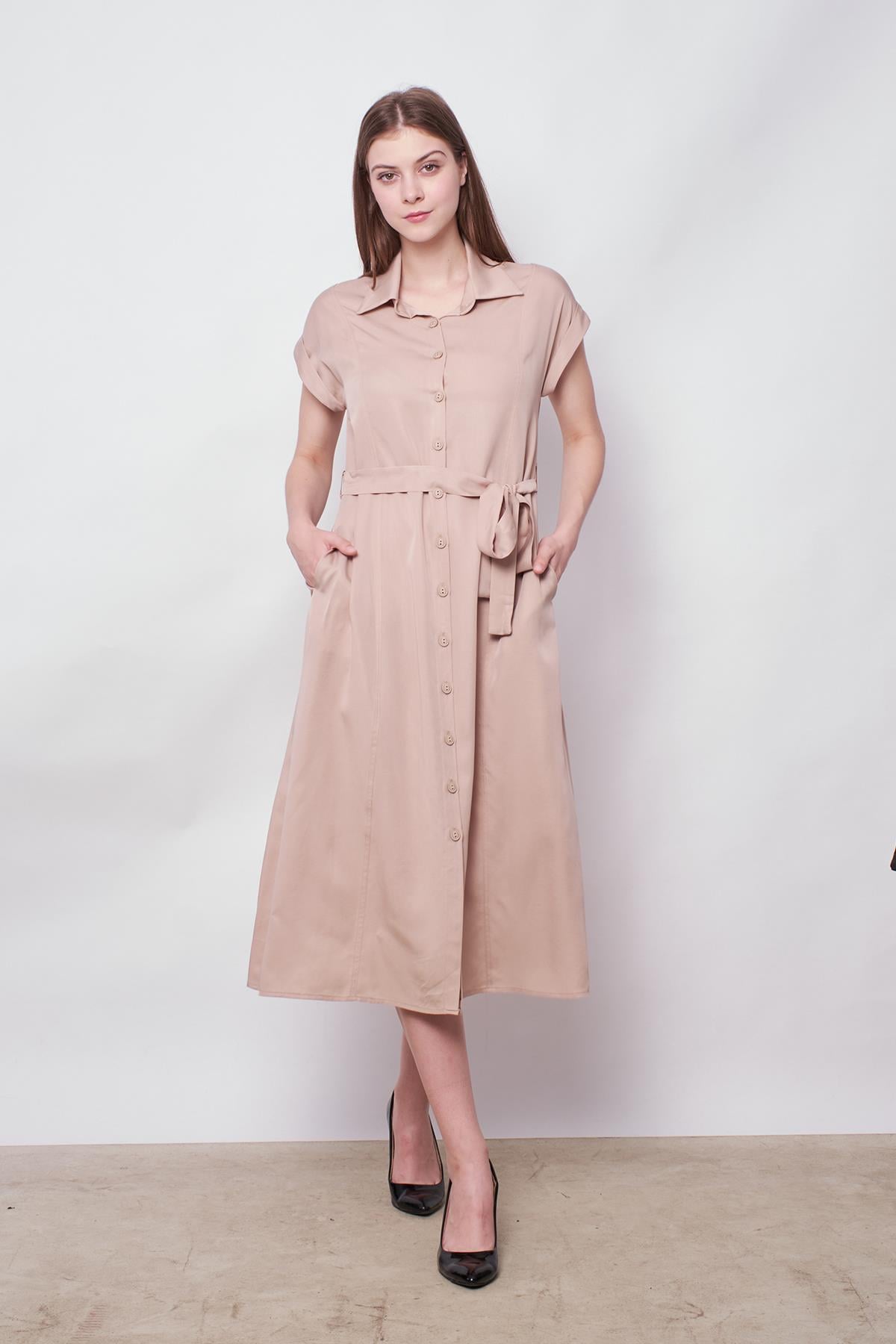 kadın %100 tencel yakalı düşük omuzlu duble kollu bağcıklı midi boy elbise