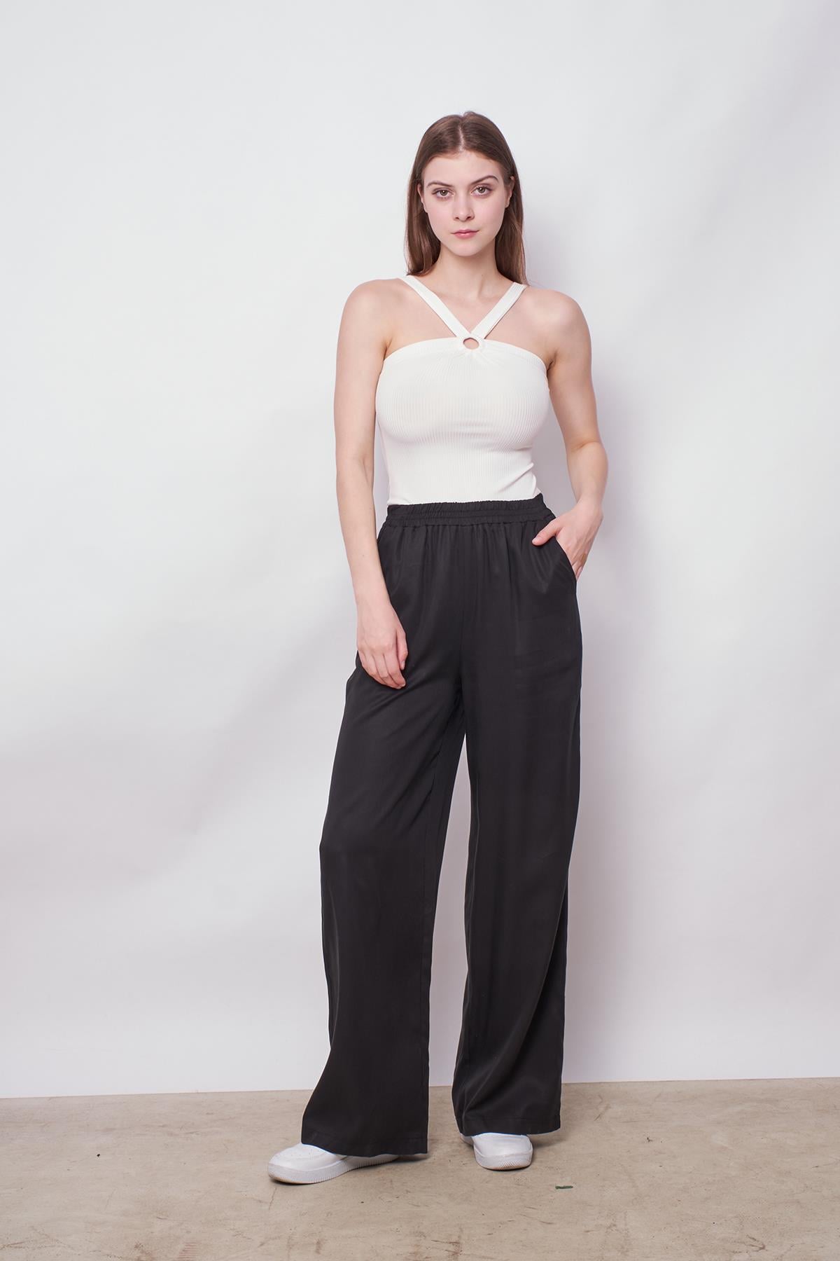kadın %100 tencel yüksek bel beli lastikli yan cepli bol paça pantolon