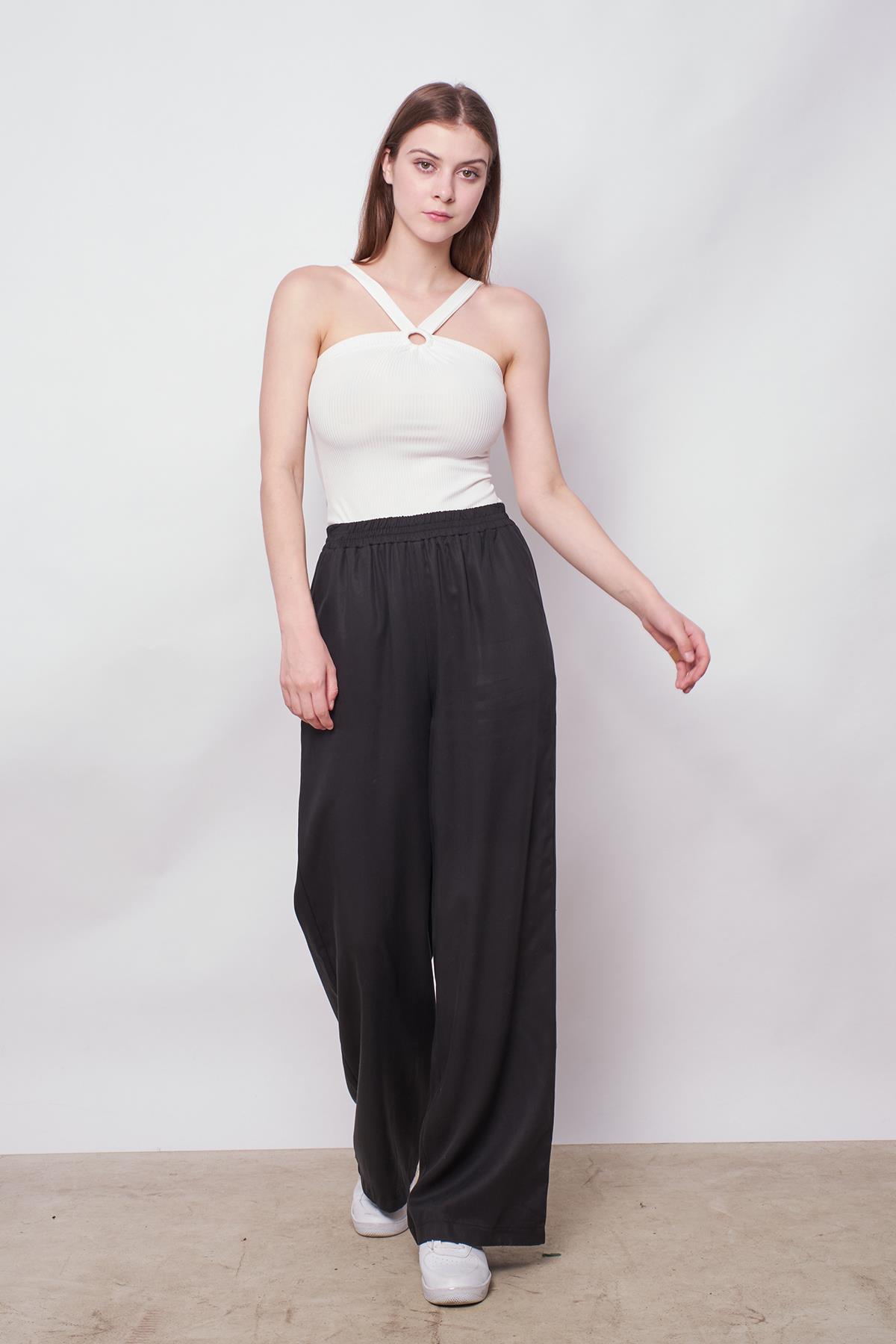 kadın %100 tencel yüksek bel beli lastikli yan cepli bol paça pantolon