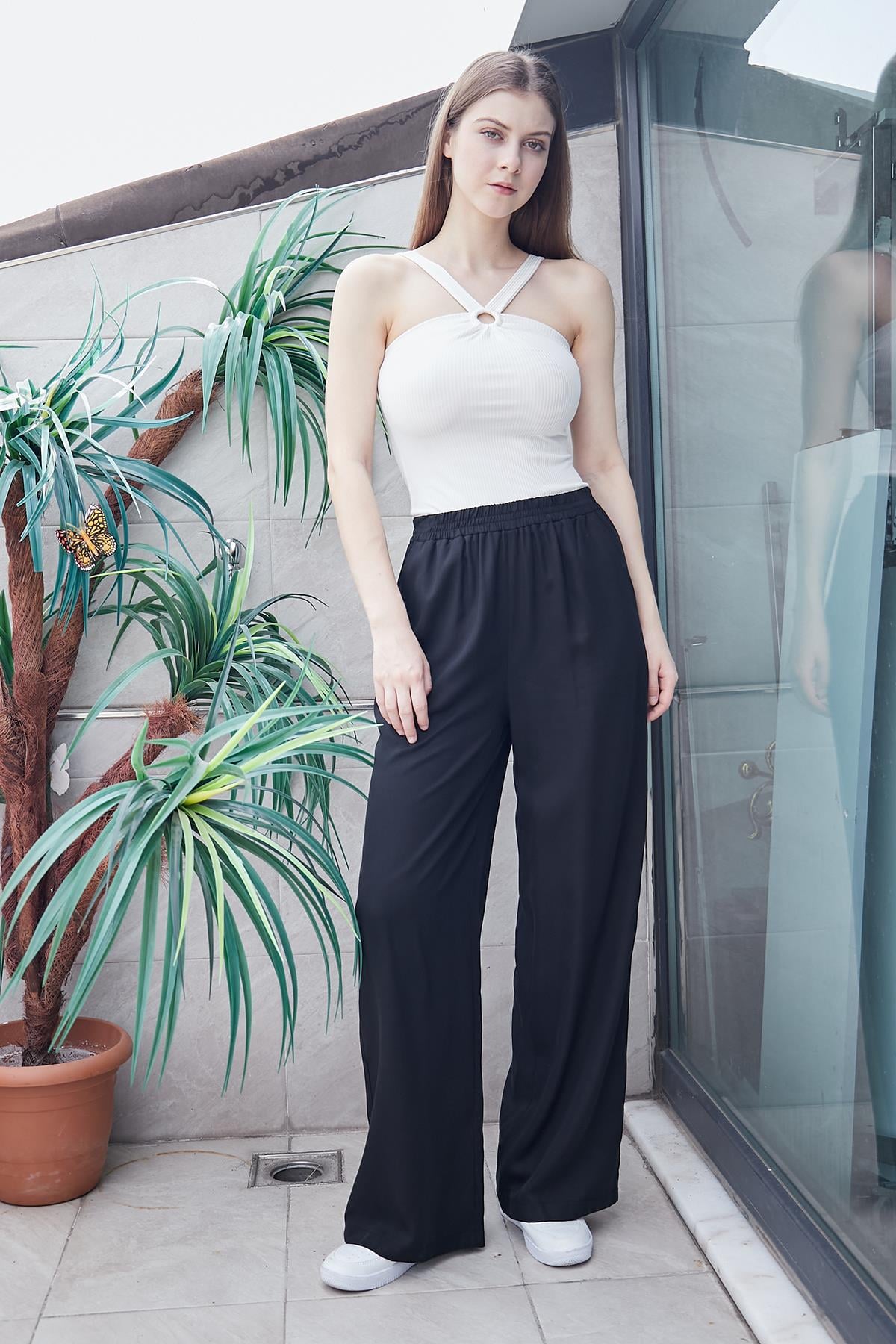 kadın %100 tencel yüksek bel beli lastikli yan cepli bol paça pantolon