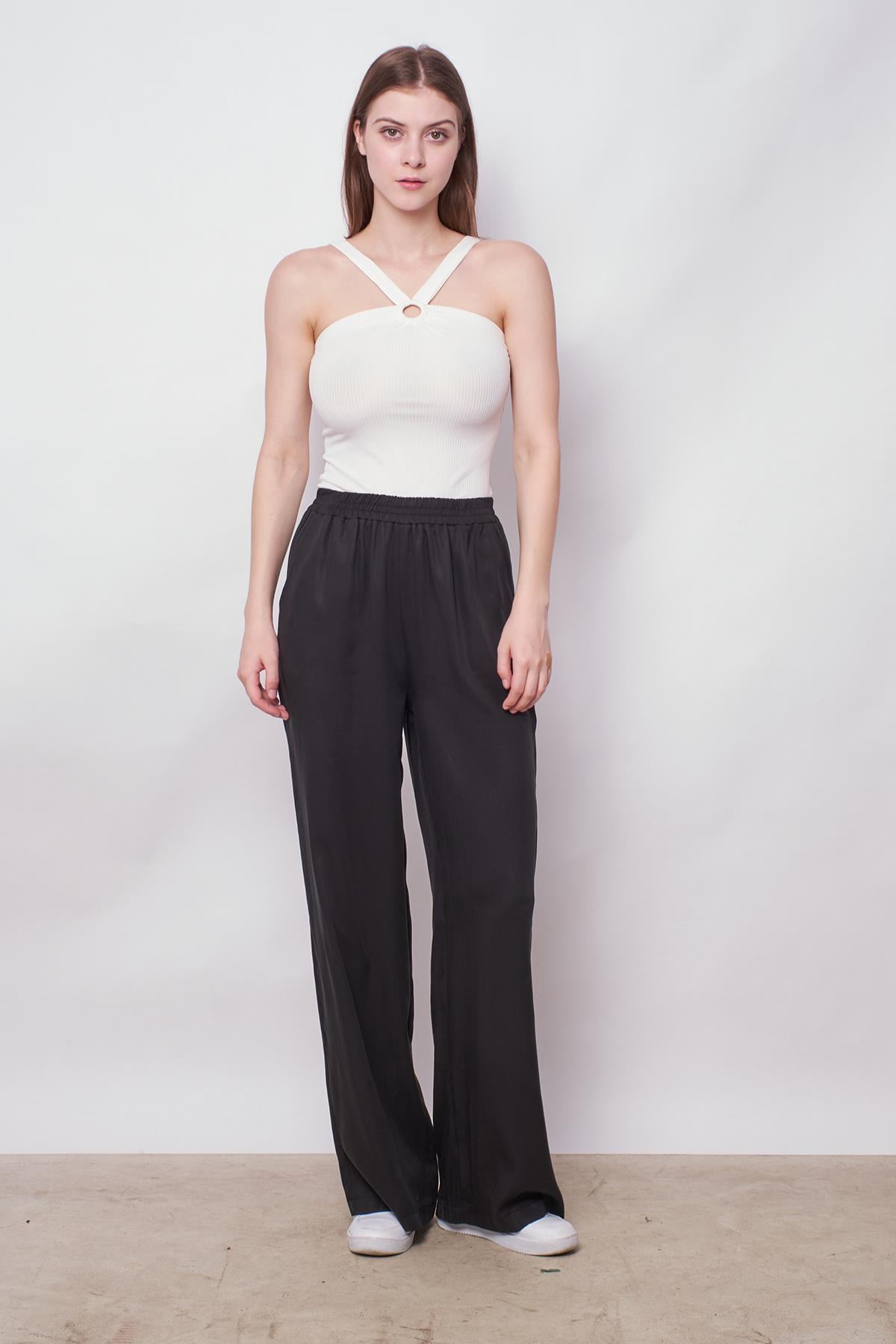 kadın %100 tencel yüksek bel beli lastikli yan cepli bol paça pantolon