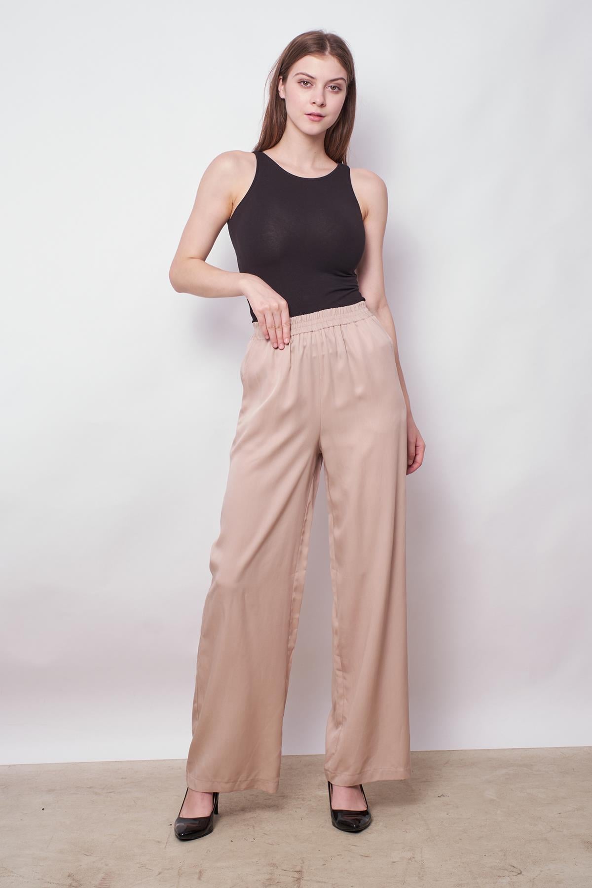 %100  Iyocell Akıcı Şık Kumaş Yüksek Bel Beli Lastikli Yan Cepli Bol Paça Pantolon -Taş 