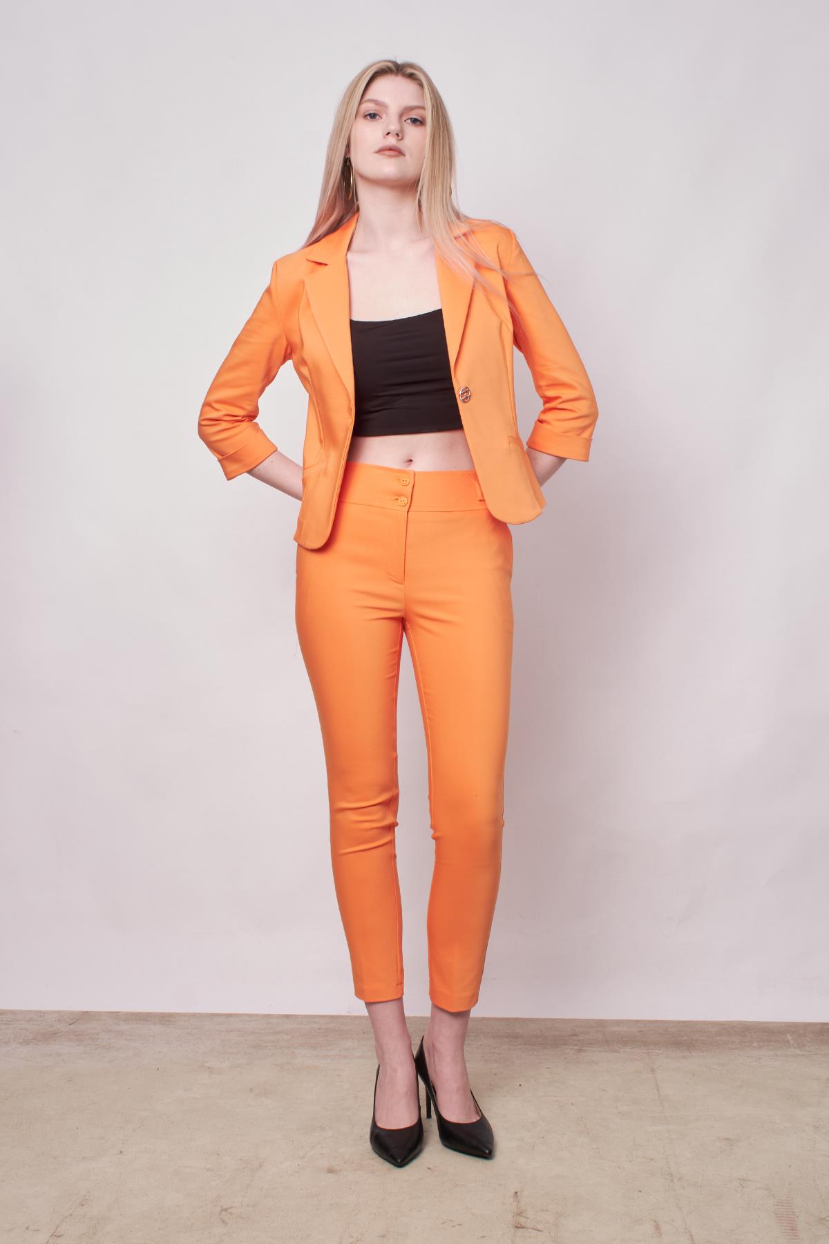 Yakalı Flato Cepli Capri Truvakar Kol Kısa Blazer Hafif Likralı Pamuklu Kumaş Ceket-Mango 