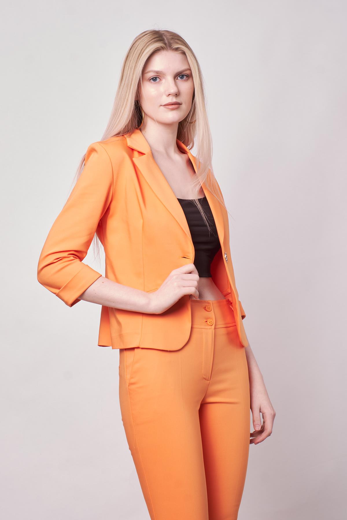 Yakalı Flato Cepli Capri Truvakar Kol Kısa Blazer Hafif Likralı Pamuklu Kumaş Ceket-Mango 