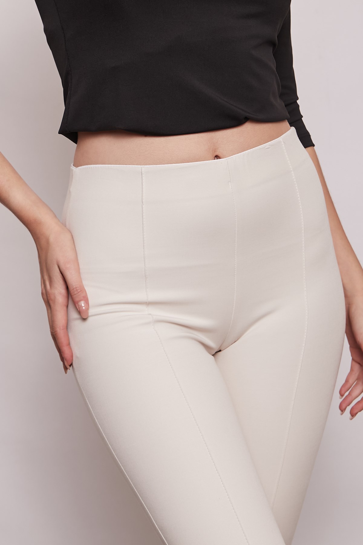 Power Strech Likralı Dar Kesim Yüksek Bel Beli Lastikli Bilek Boy Pantolon-Taş