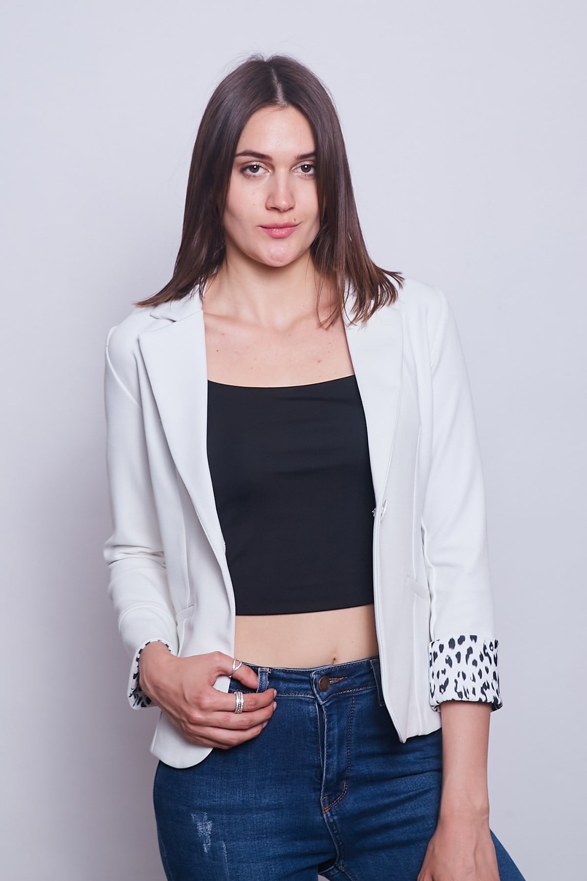 Yakalı Flato Cepli Kolu Duble Uzun Kol Ofis Şık Blazer Kumaş Ceket-Krem 