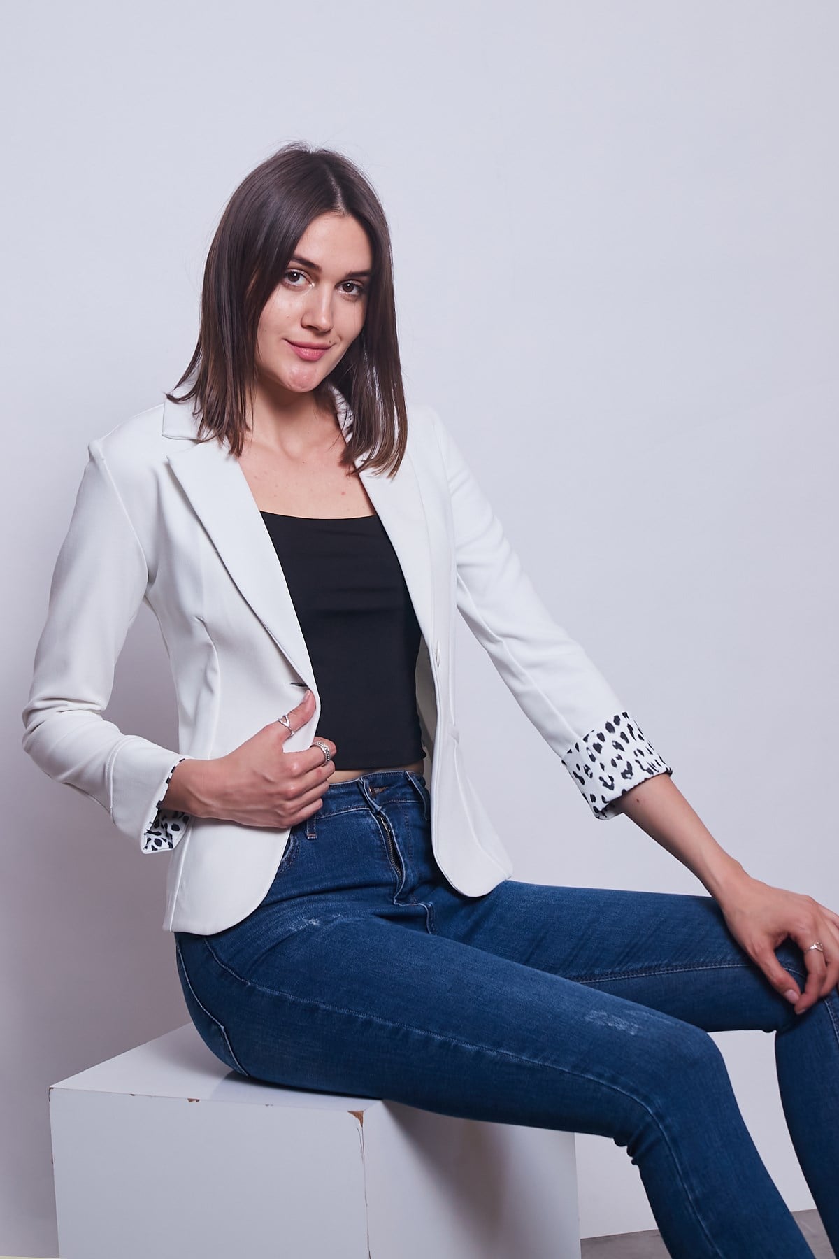 Yakalı Flato Cepli Kolu Duble Uzun Kol Ofis Şık Blazer Kumaş Ceket-Krem 