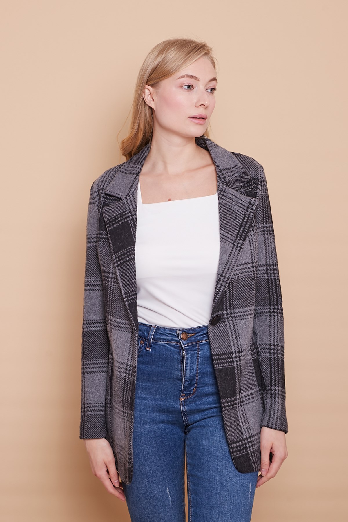 Ekose Desenli Yakalı Uzun Kol Tek Düğme Yünlü Kumaş Kışlık Blazer Ceket -Siyah Desen 