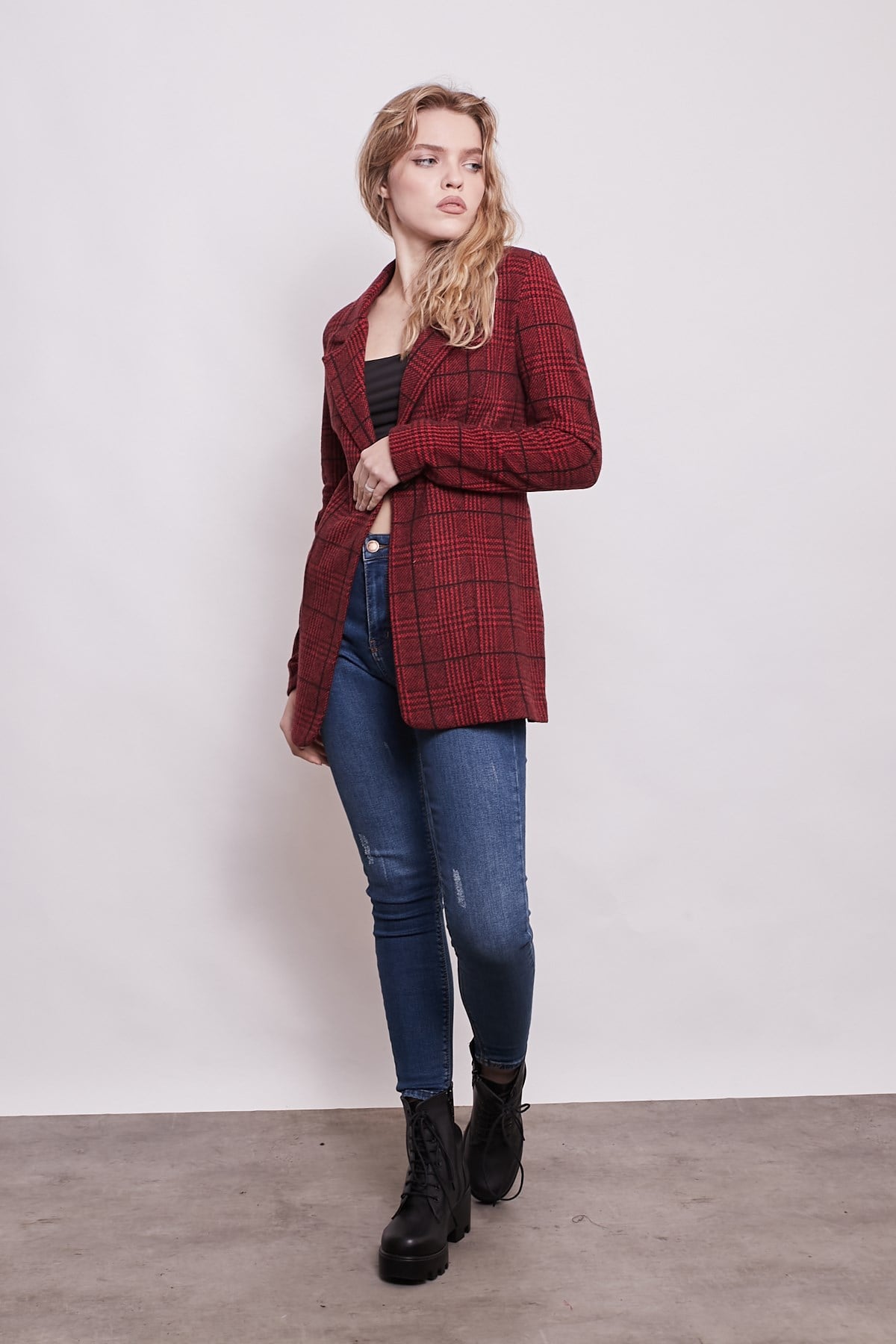 Ekose Desenli Yakalı Uzun Kol Tek Düğme Yünlü Kumaş Blazer Ceket-Bordo Ekose 