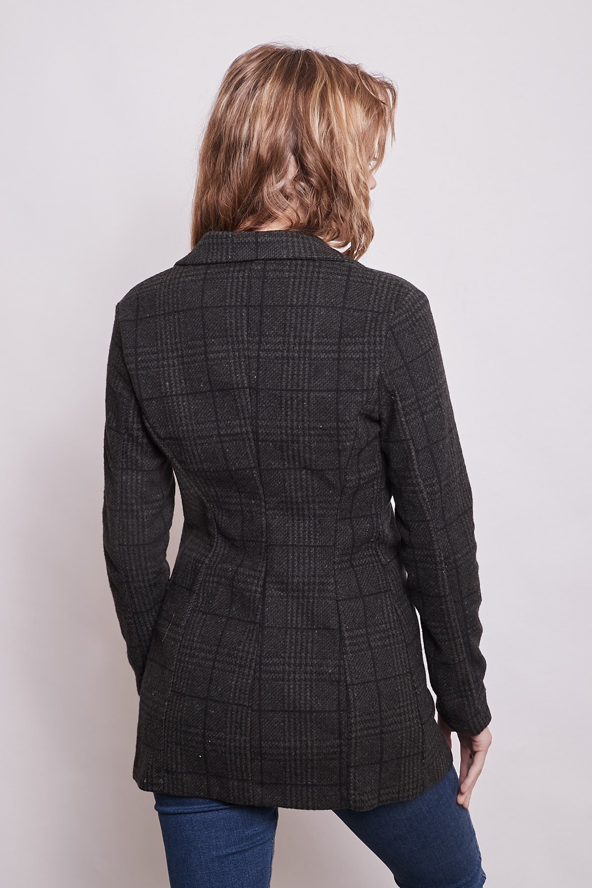 Ekose Desenli Yakalı Uzun Kol Tek Düğme Yünlü Kumaş Blazer Ceket-Haki Desen