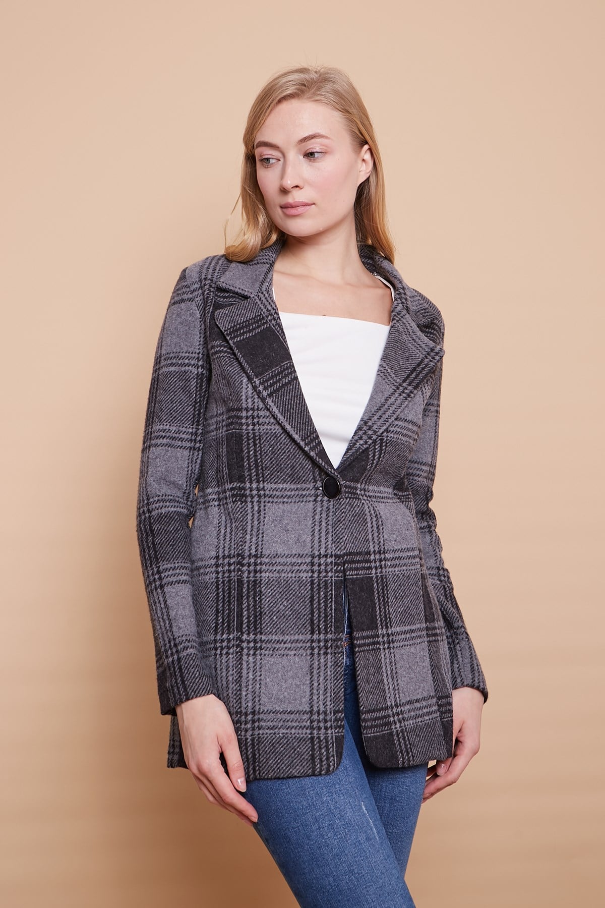 Ekose Desenli Yakalı Uzun Kol Tek Düğme Yünlü Kumaş Kışlık Blazer Ceket -Siyah Desen 