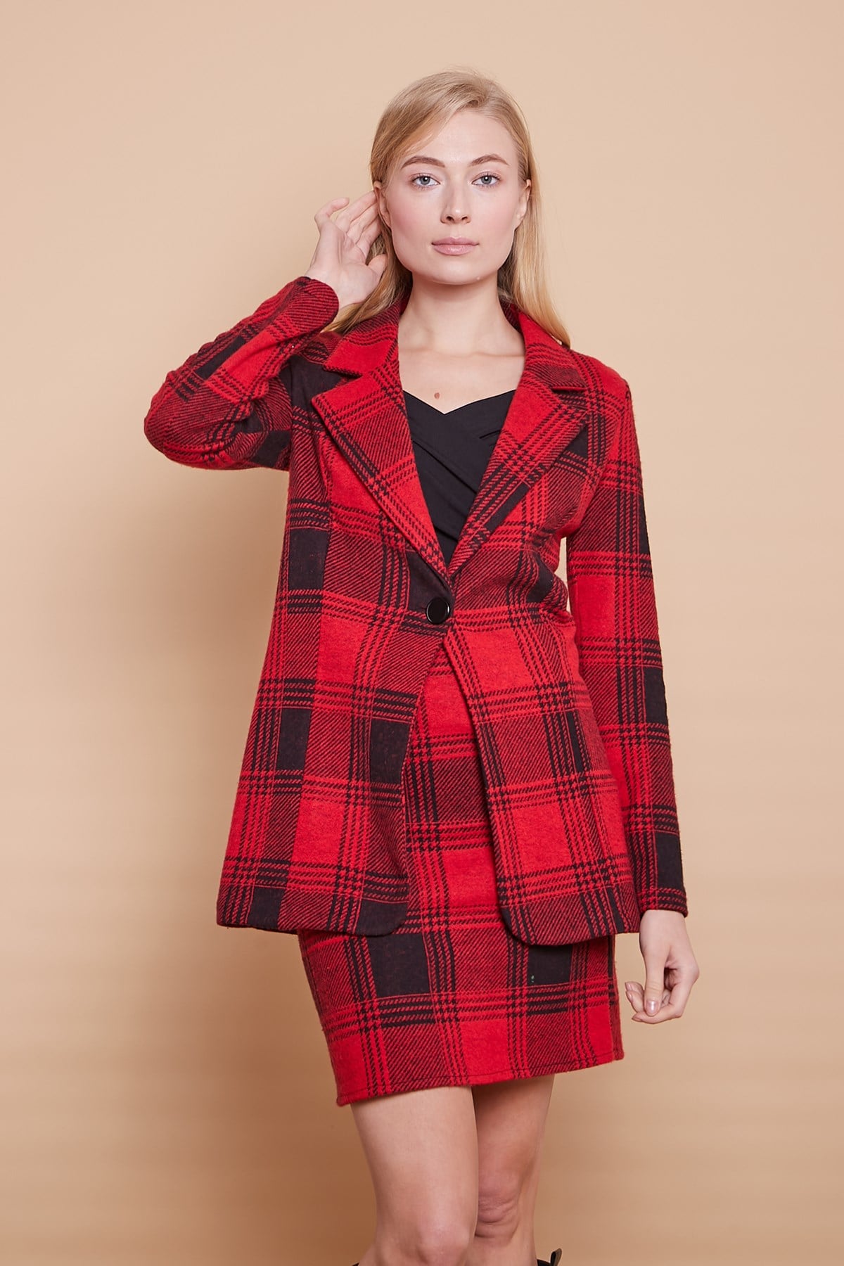 Ekose Desenli Yakalı Uzun Kol Tek Düğme Yünlü Kumaş Kışlık Blazer Ceket -Bordo Desen 