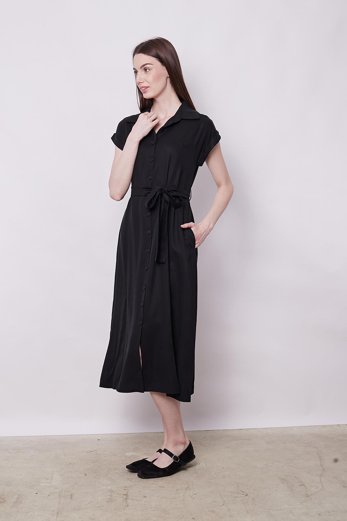 kadın %100 tencel yakalı düşük omuzlu duble kollu bağcıklı midi boy elbise
