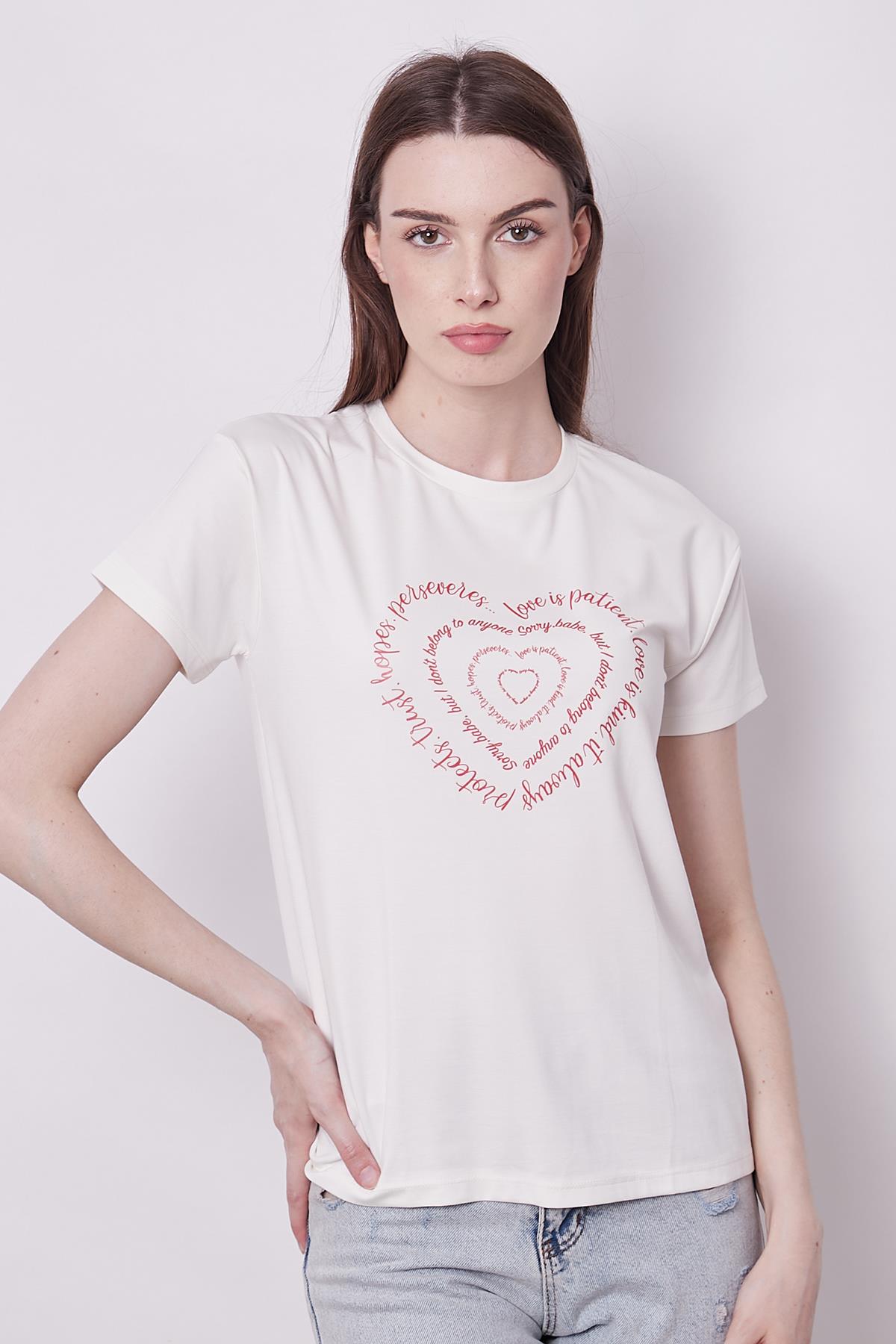 Baskılı Sıfır Yaka Kırışmaz Span Karışımlı Şık Kısa Kol T-shirt Bluz-Kalp Baskılı