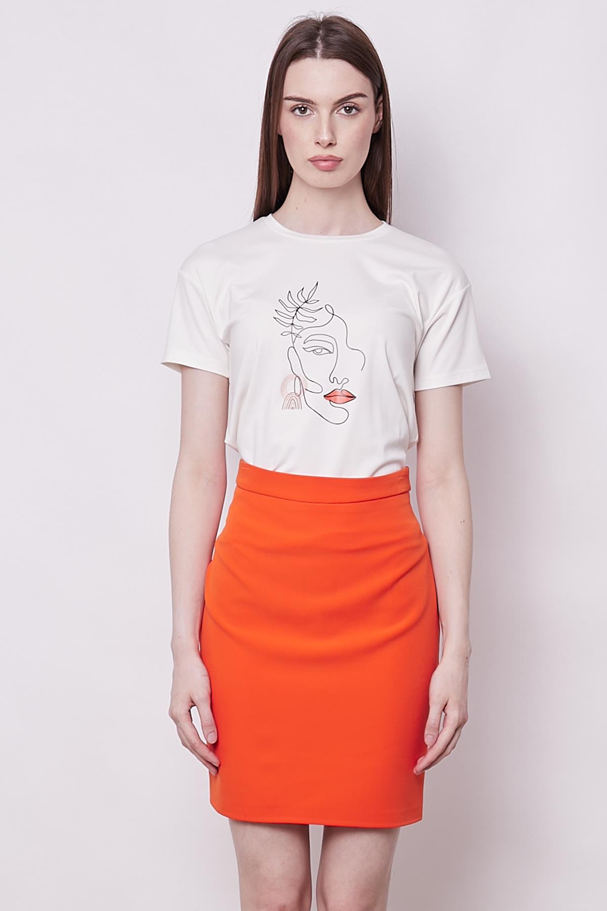 Baskılı Sıfır Yaka Kırışmaz Span Karışımlı Şık Kısa Kol T-shirt Bluz-Silüet Bakılı