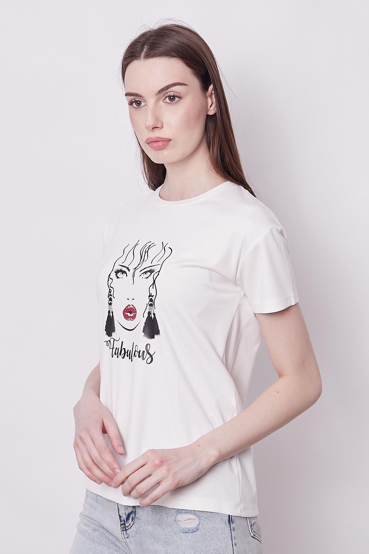 Baskılı Sıfır Yaka Kırışmaz Span Karışımlı Şık Kısa Kol T-shirt Bluz-Kız Baskılı
