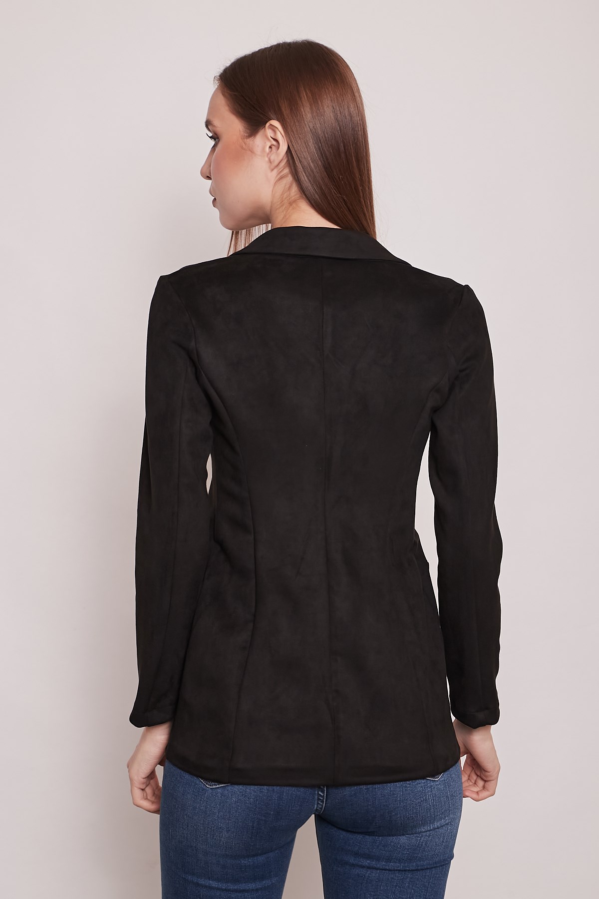 Süet Kumaş Cep Detaylı Düğmeli Şık Blazer Ceket-Siyah