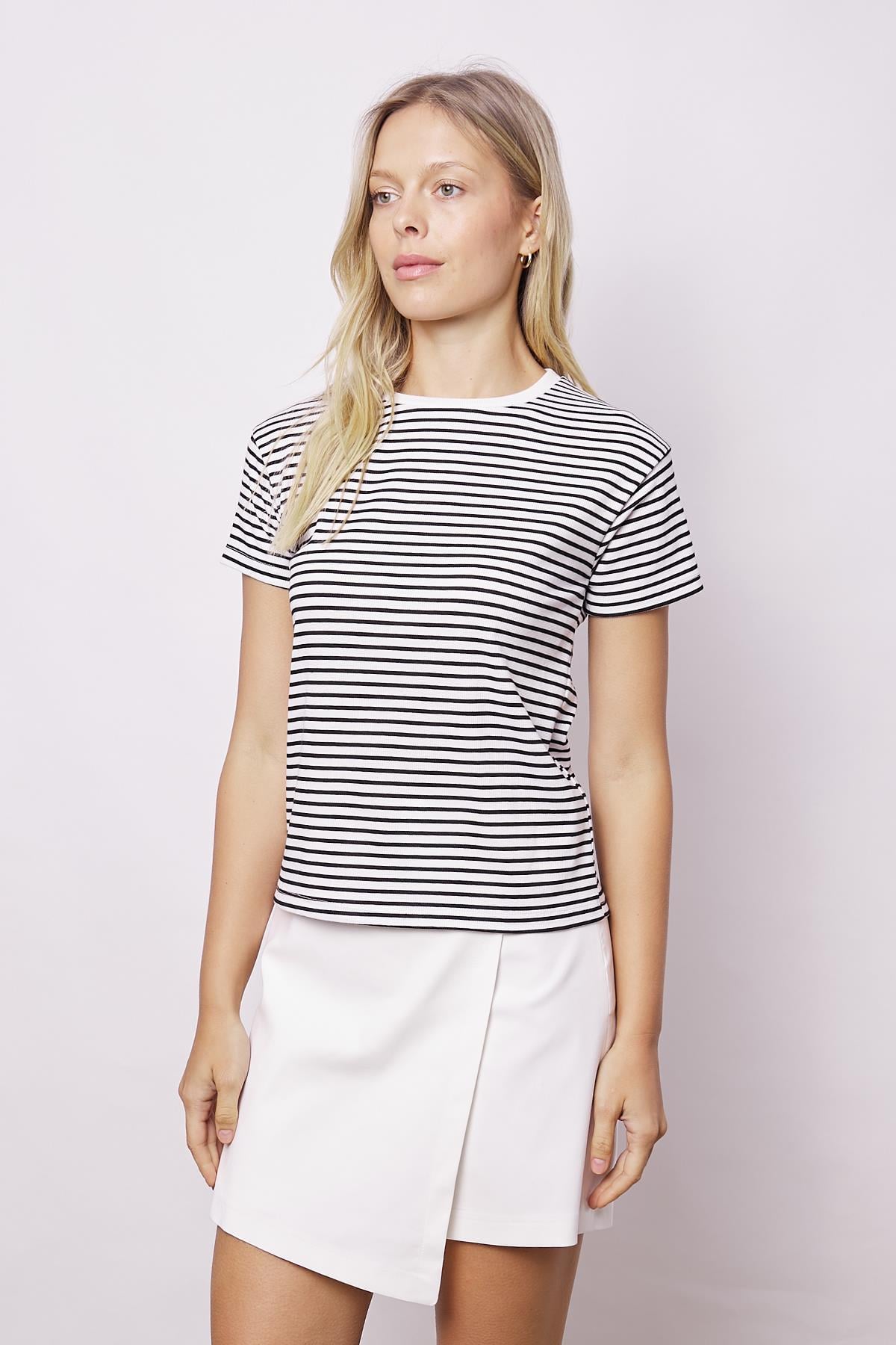 Kadın Likralı Çizgili Kaşkorse Sıfır Yaka Kısa Kol T-shirt Bluz-Beyaz Çizgi
