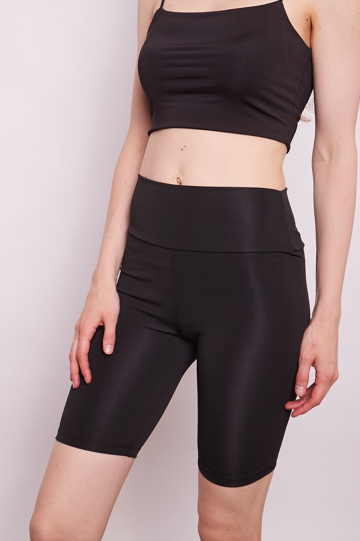 Yüksek Bel Dalgıç Kumaş Biker Şort Toparlayıcı Spor Tayt-Siyah