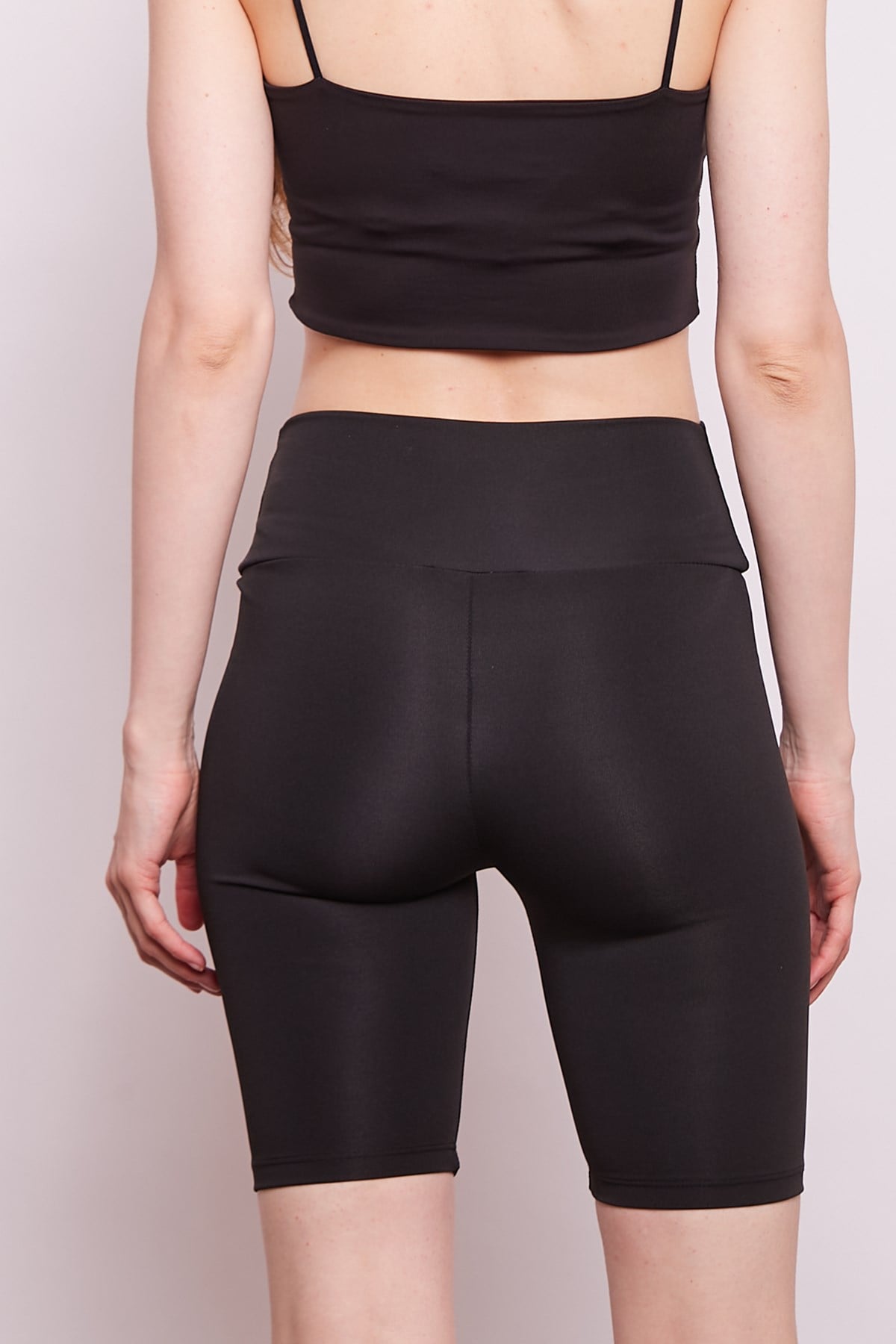 Yüksek Bel Dalgıç Kumaş Biker Şort Toparlayıcı Spor Tayt-Siyah