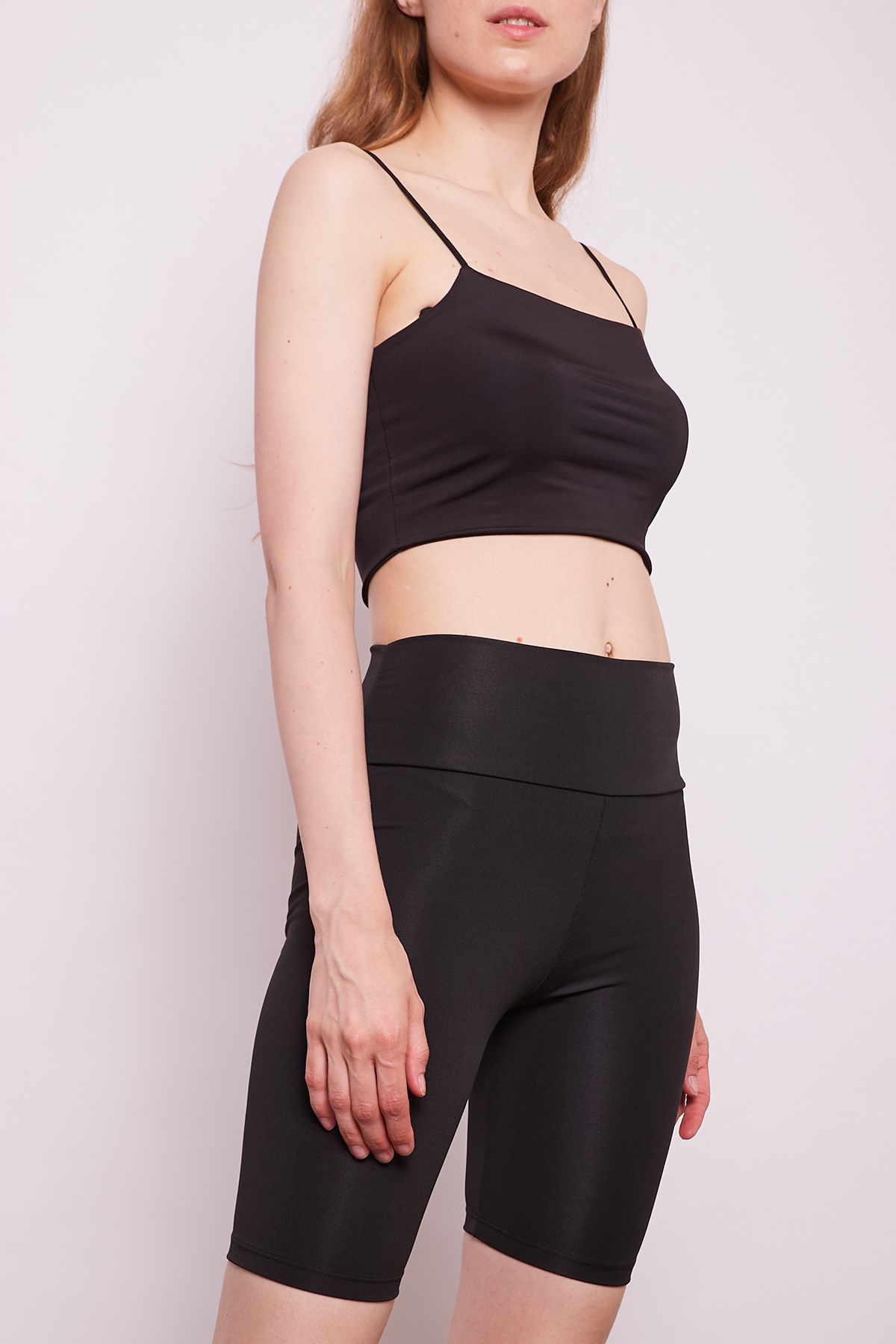 Yüksek Bel Dalgıç Kumaş Biker Şort Toparlayıcı Spor Tayt-Siyah