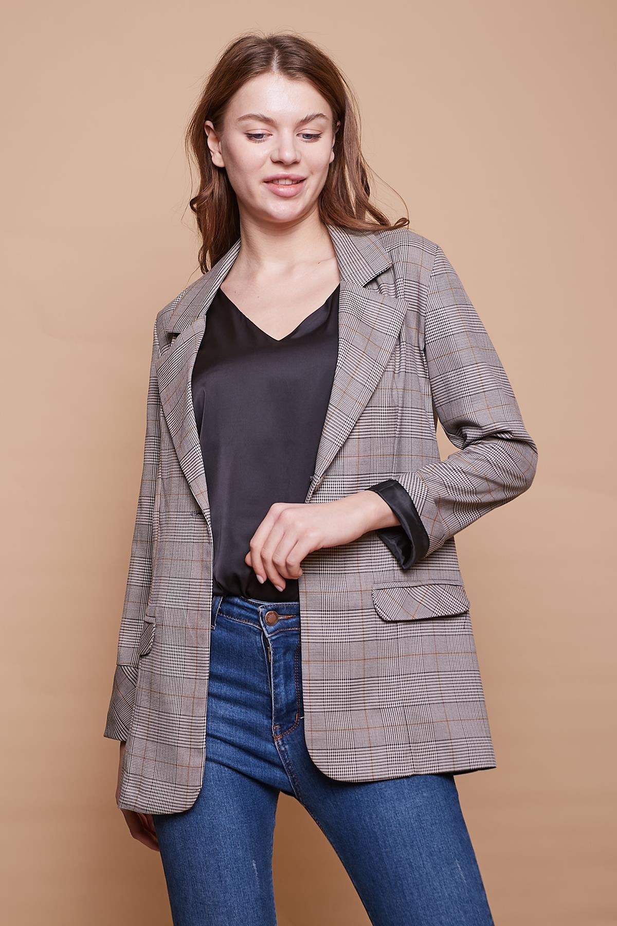 Ekoseli Yakalı Kolu Katlamalı Cep Kapaklı Boyfriend Hafif Likralı Kumaş Blazer Ceket-Hardal Ekose