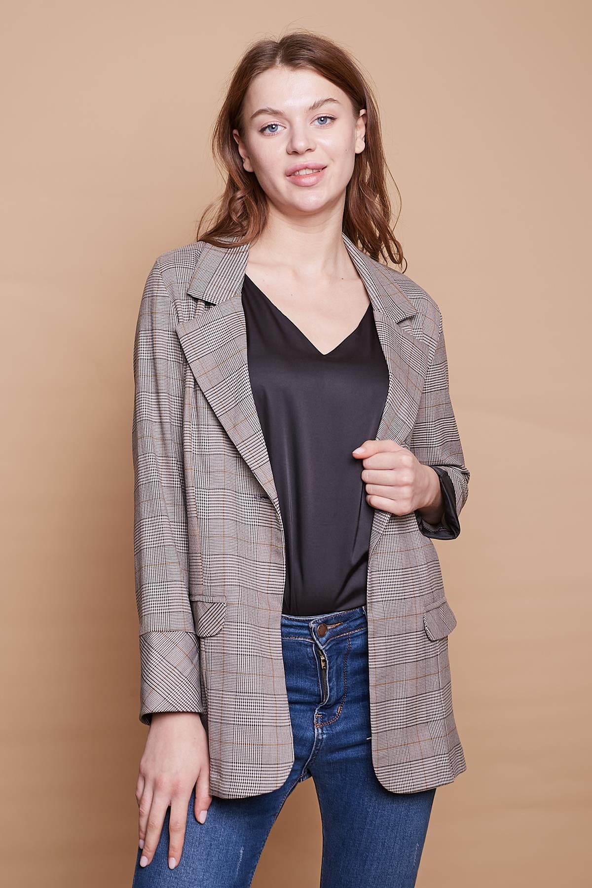 Ekoseli Yakalı Kolu Katlamalı Cep Kapaklı Boyfriend Hafif Likralı Kumaş Blazer Ceket-Hardal Ekose