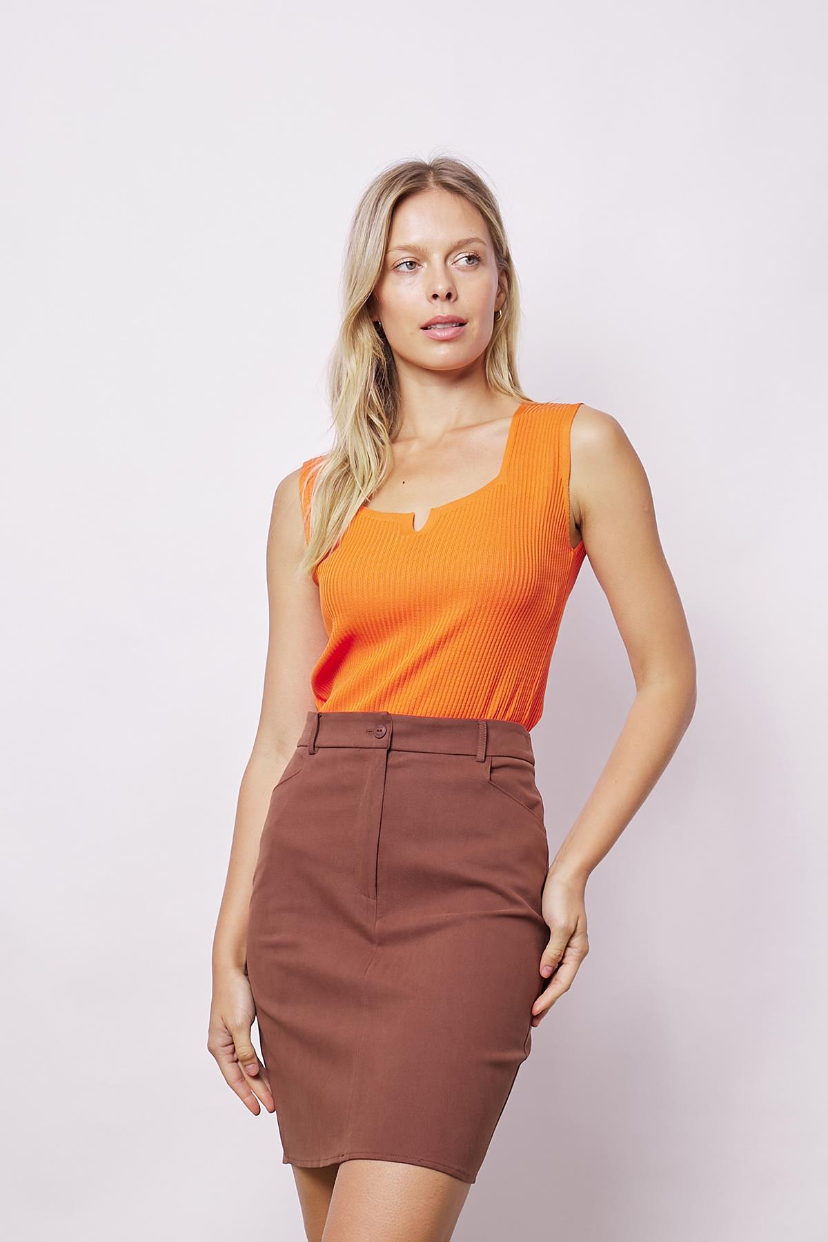 Kadın Likralı Esnek Triko Kare Yaka Kaşkorse Body Bluz-Oranj