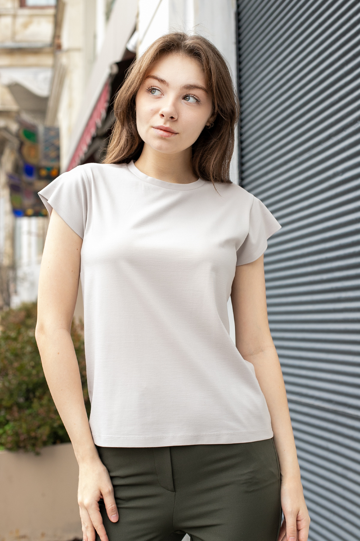 Kadın İpeksi Kumaş Geniş Sıfır Yaka Kısa Kol Tshirt Bluz-Taş