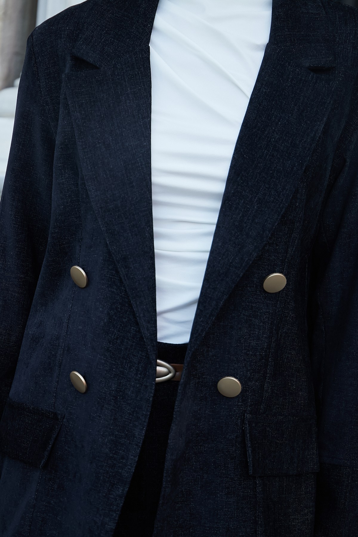 Kadın Kadife Kot Yakalı Cep Kapaklı Uzun Kol Blazer Ceket-Siyah