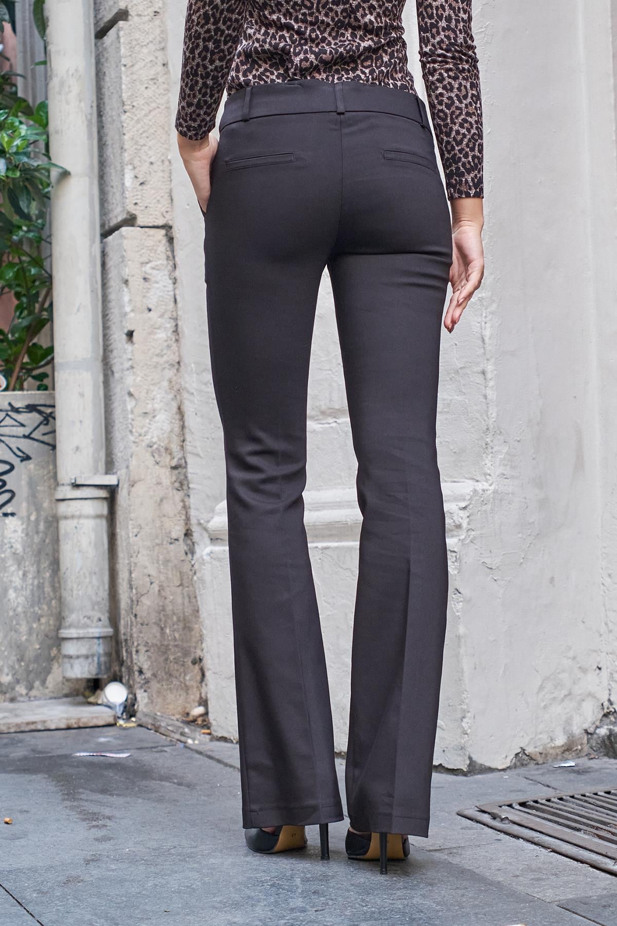 Kadın Kalın Kemerli Cepli İspanyol Bol Paça Likralı Kumaş Pantolon-Siyah
