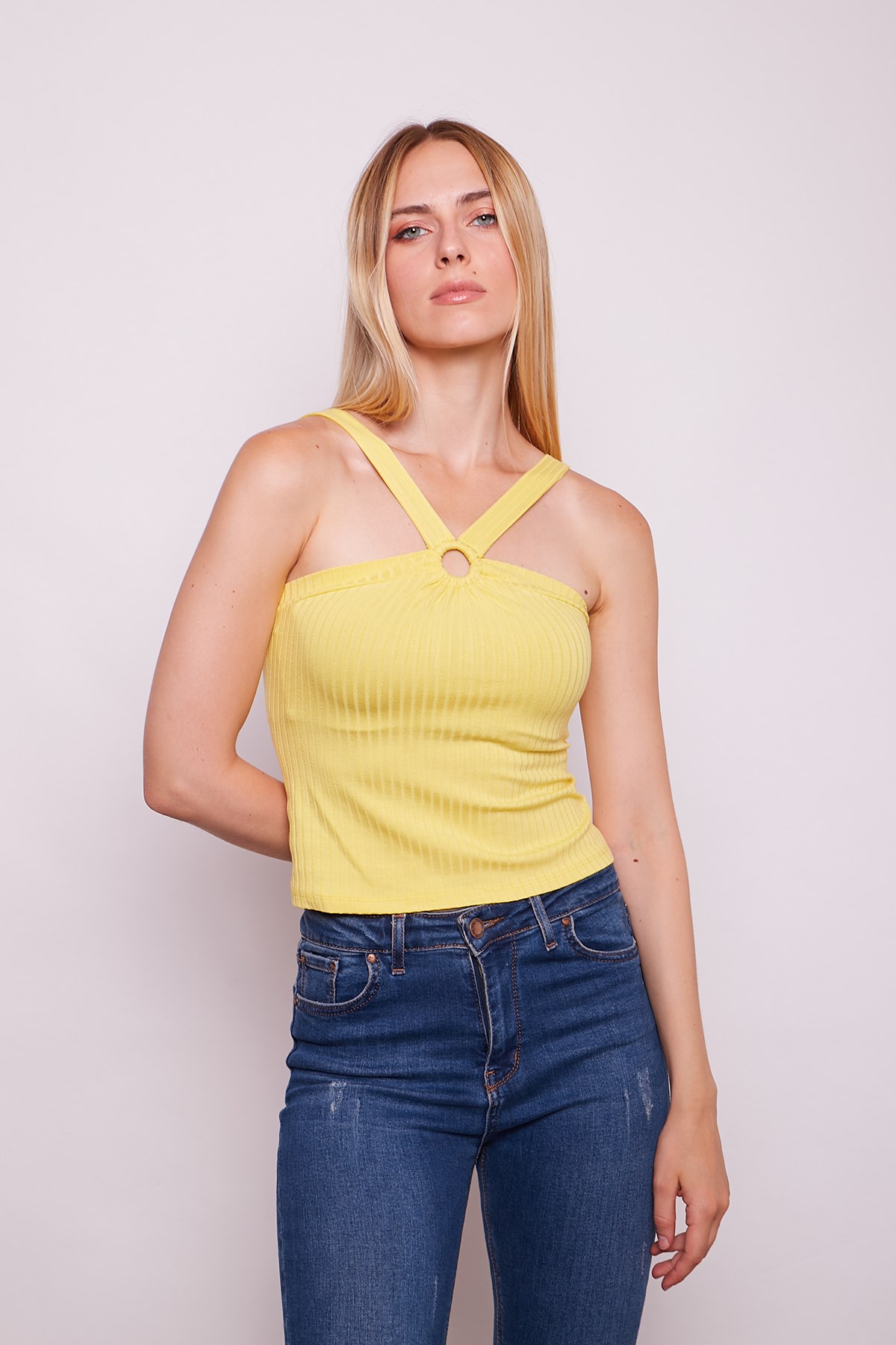 Kaşkorse Kalın Askılı Önü Aksesuarlı Likralı Body-Sarı