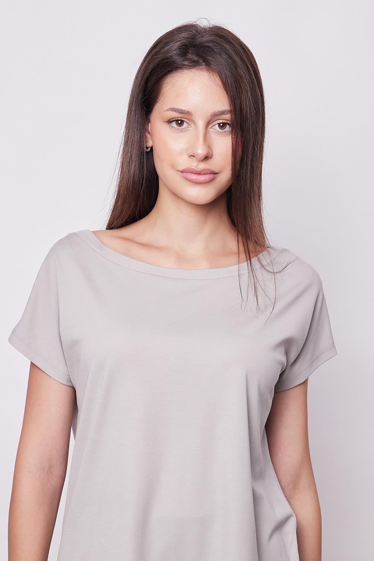 Kadın Kayık Yaka Düşük Omuzlu Kırışmaz Span Karışımlı Şık T-shirt Bluz- Gri