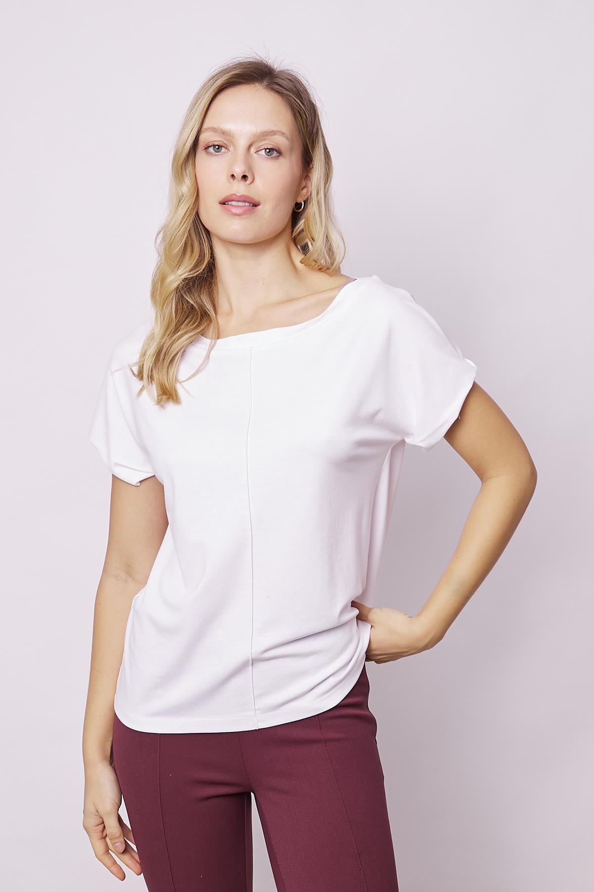 Kadın Likrasız Şık Span Kumaş Kayık Yaka Önü Dikişli Düşük Omuzlu T-shirt Bluz-Beyaz