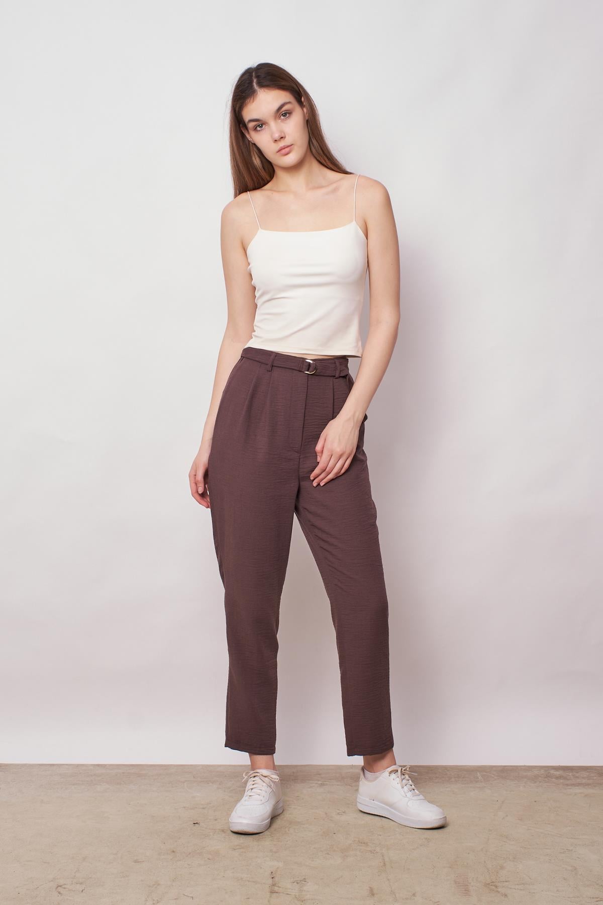 kadın keten yüksek bel pileli beli lastikli kemerli boyfriend pantolon