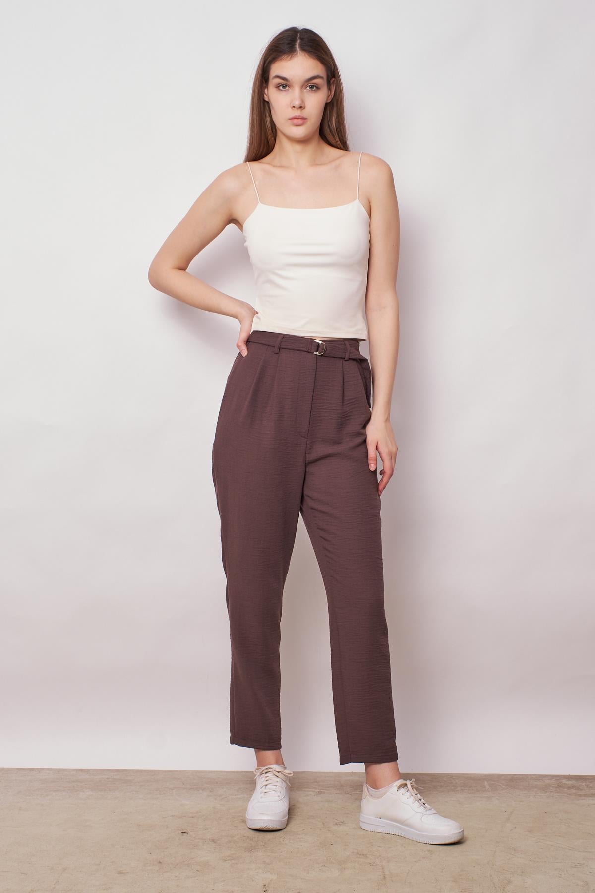 kadın keten yüksek bel pileli beli lastikli kemerli boyfriend pantolon