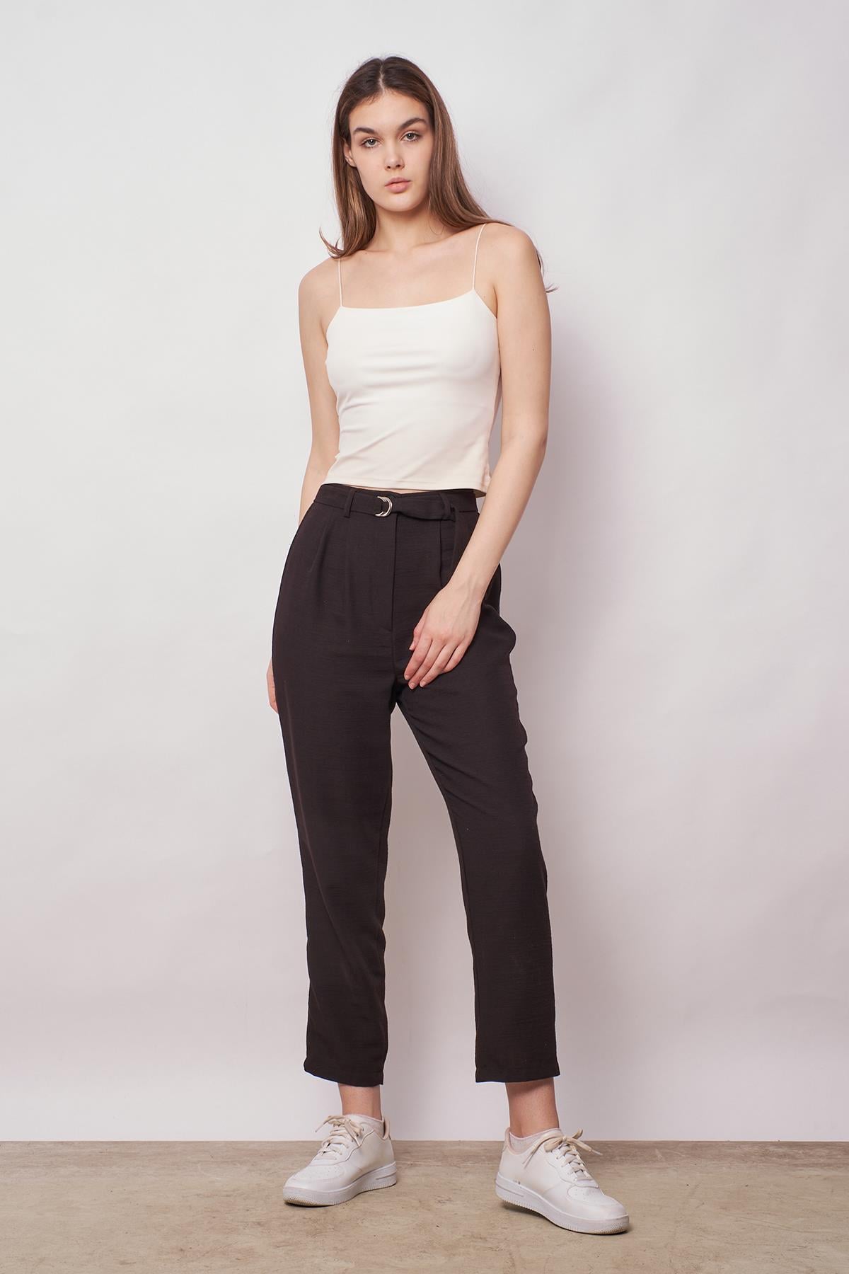 kadın keten yüksek bel pileli beli lastikli kemerli boyfriend pantolon