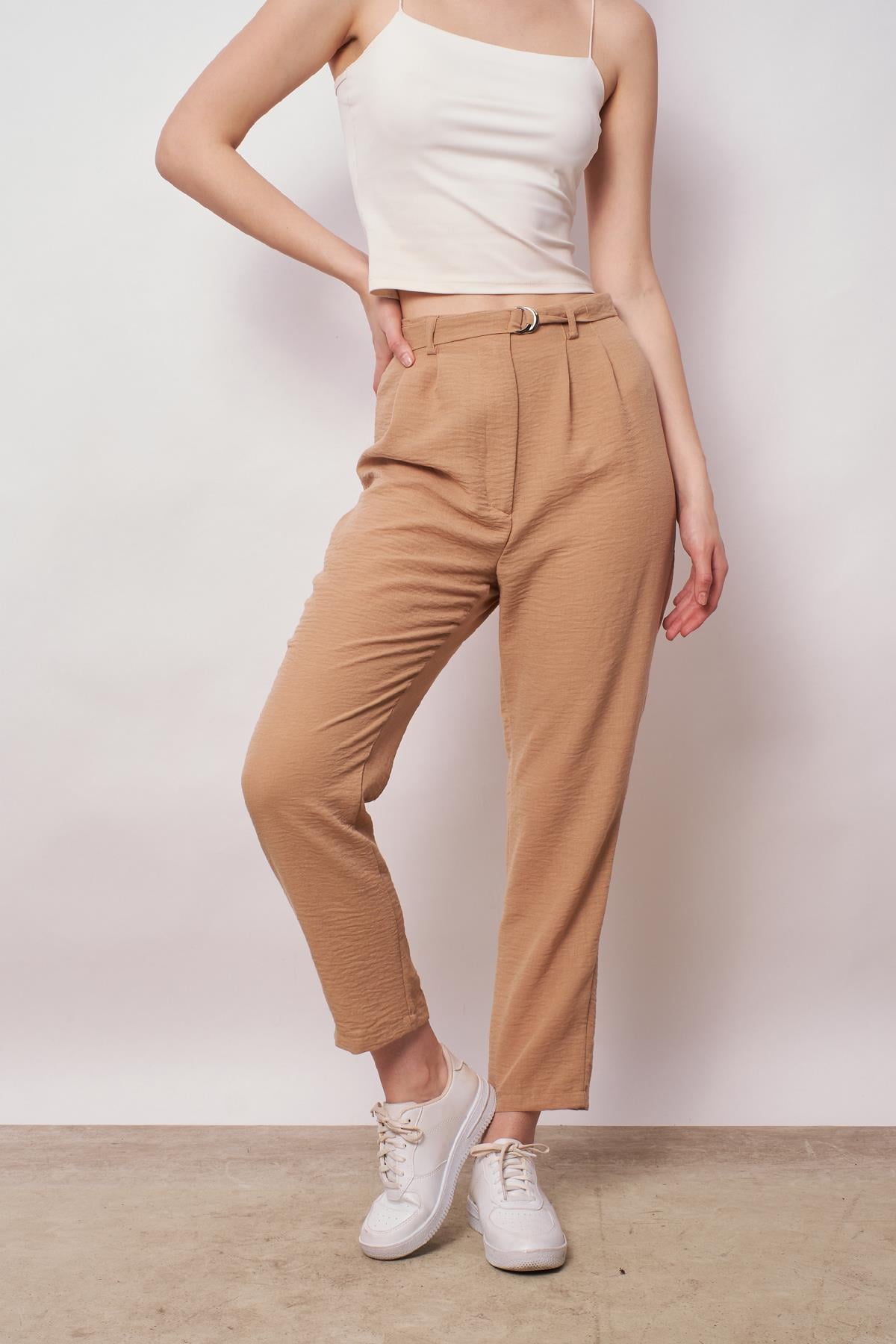 kadın keten yüksek bel pileli beli lastikli kemerli boyfriend pantolon