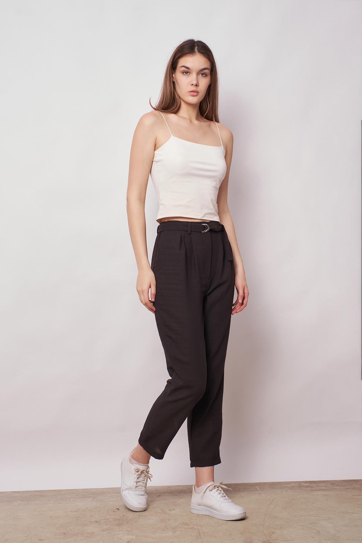 kadın keten yüksek bel pileli beli lastikli kemerli boyfriend pantolon