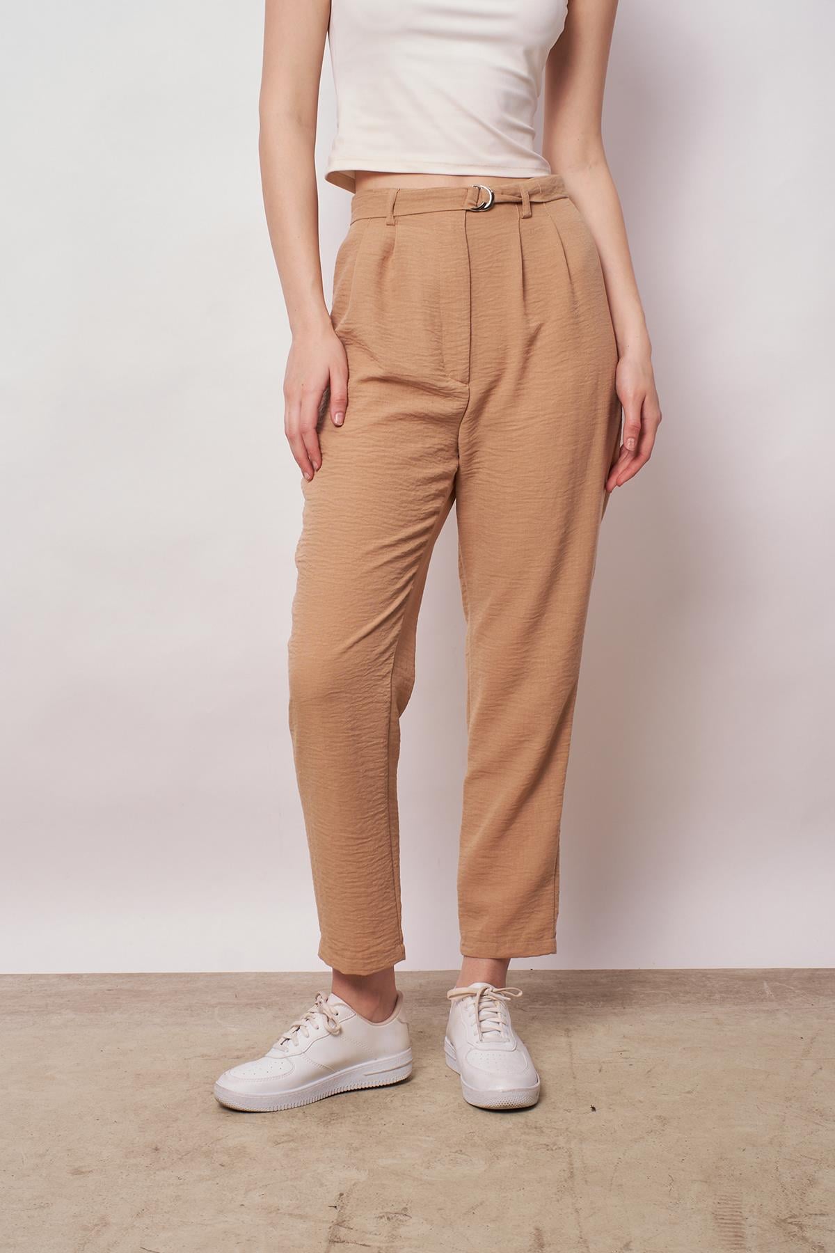 kadın keten yüksek bel pileli beli lastikli kemerli boyfriend pantolon