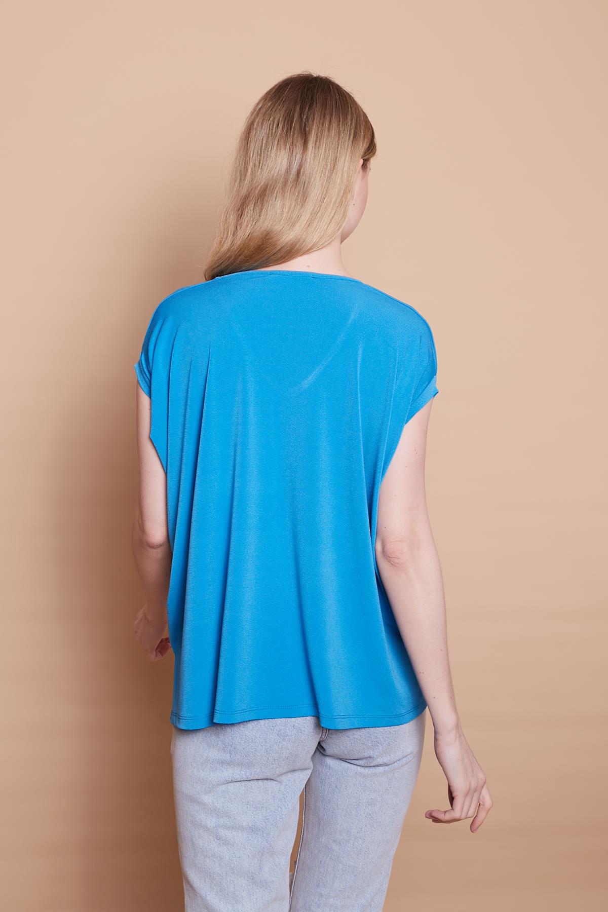 Likralı Krep Kumaş V Yaka Salaş Yanı Yırtmaçlı Oversize Bluz-Mavi
