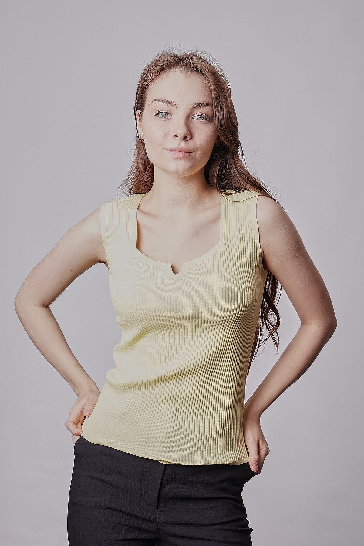 Kadın Likralı Esnek Triko Kare Yaka Kaşkorse Body Bluz-Sarı 