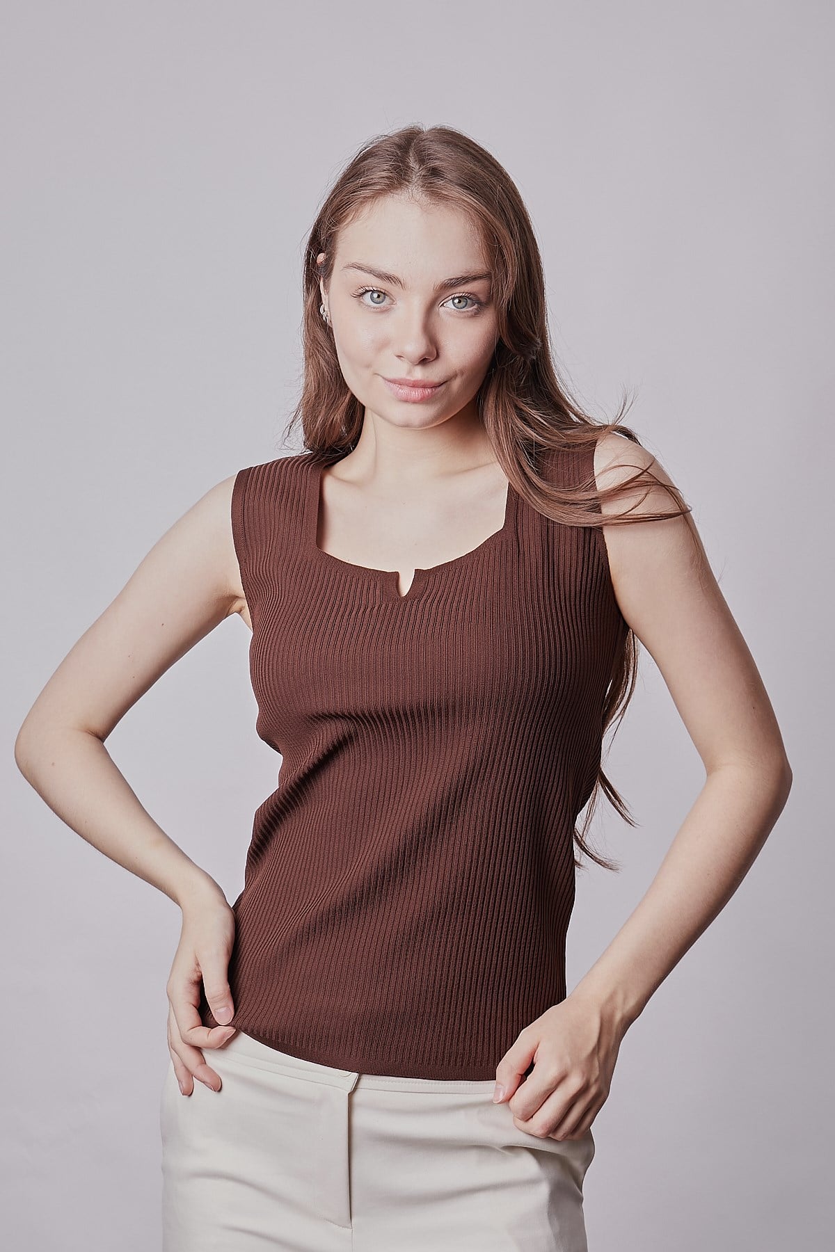 Kadın Likralı Esnek Triko Kare Yaka Kaşkorse Body Bluz-Kahve 